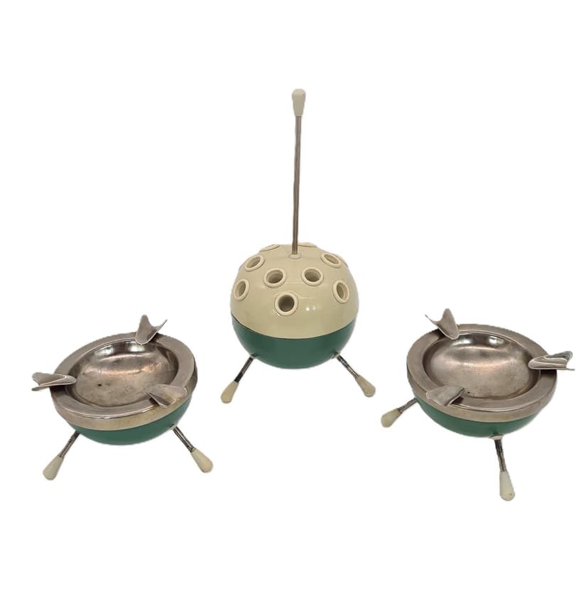 Trzyczęściowy zestaw dla palaczy, zielony, metal, tworzywo, Niemcy/Czechosłowacja, lata 50.