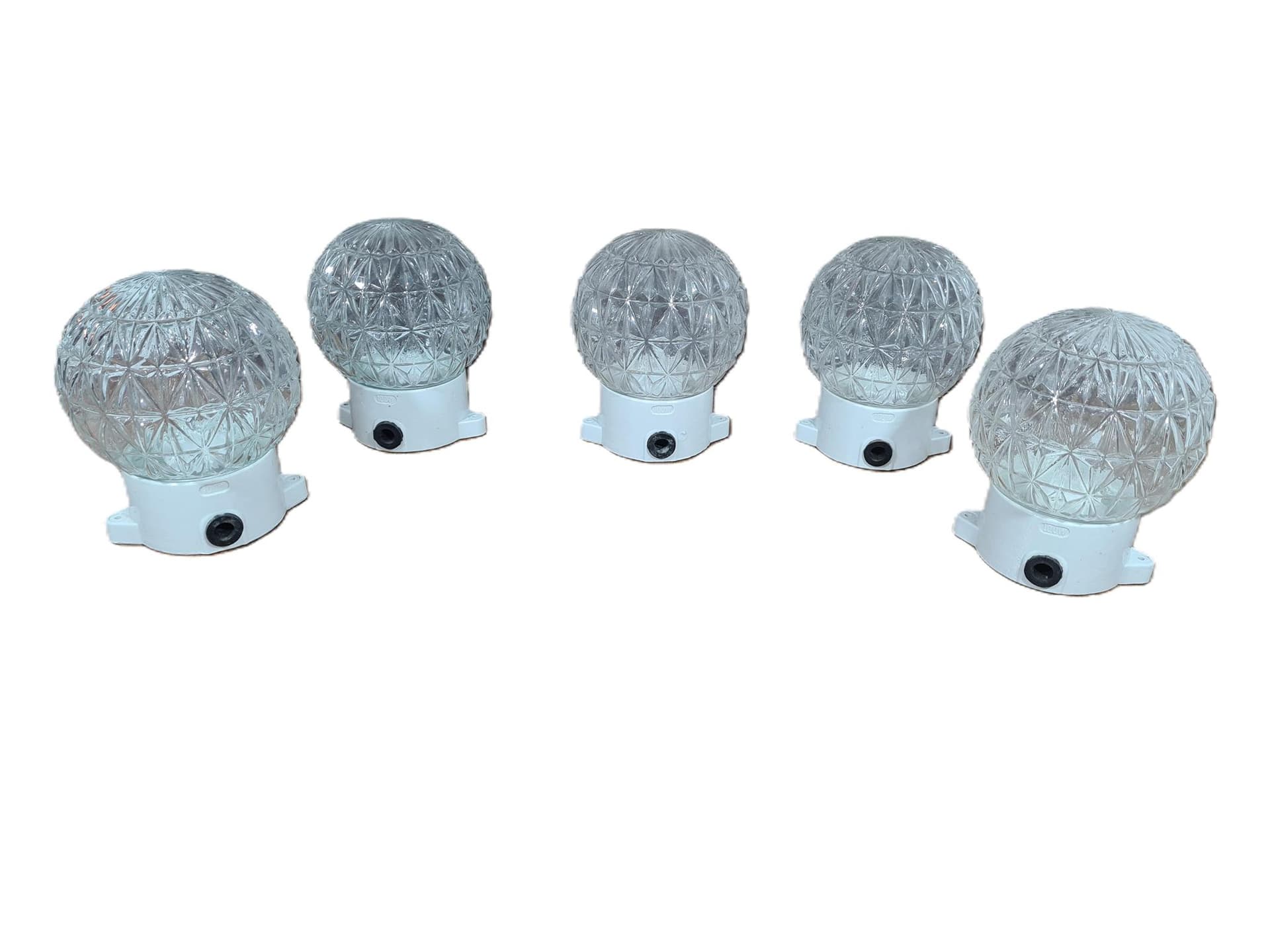 Set of Five Wall Sconces, Transparent Glass, White Ceramic, 1970s