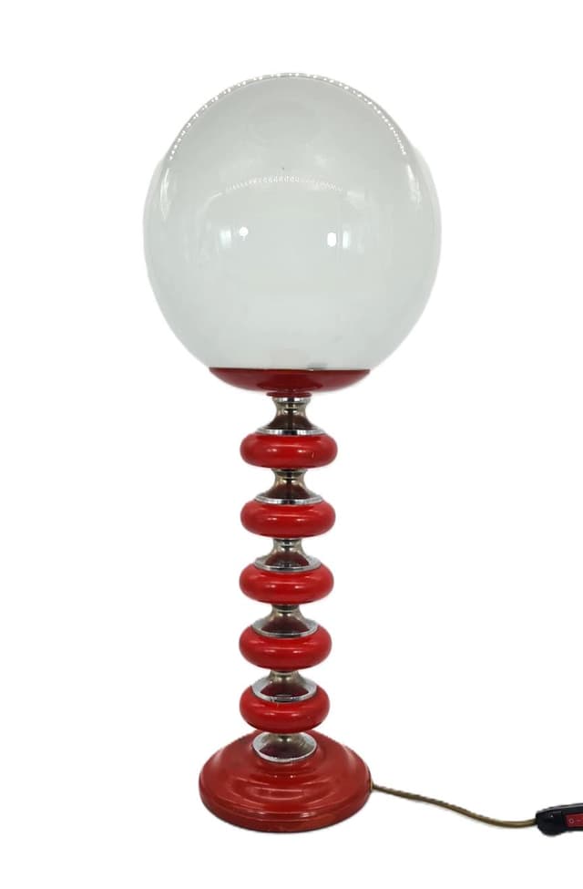 Table Lamp Space Age, red wood, chrome, glass, East Germany, 1970s. - DIMENSION