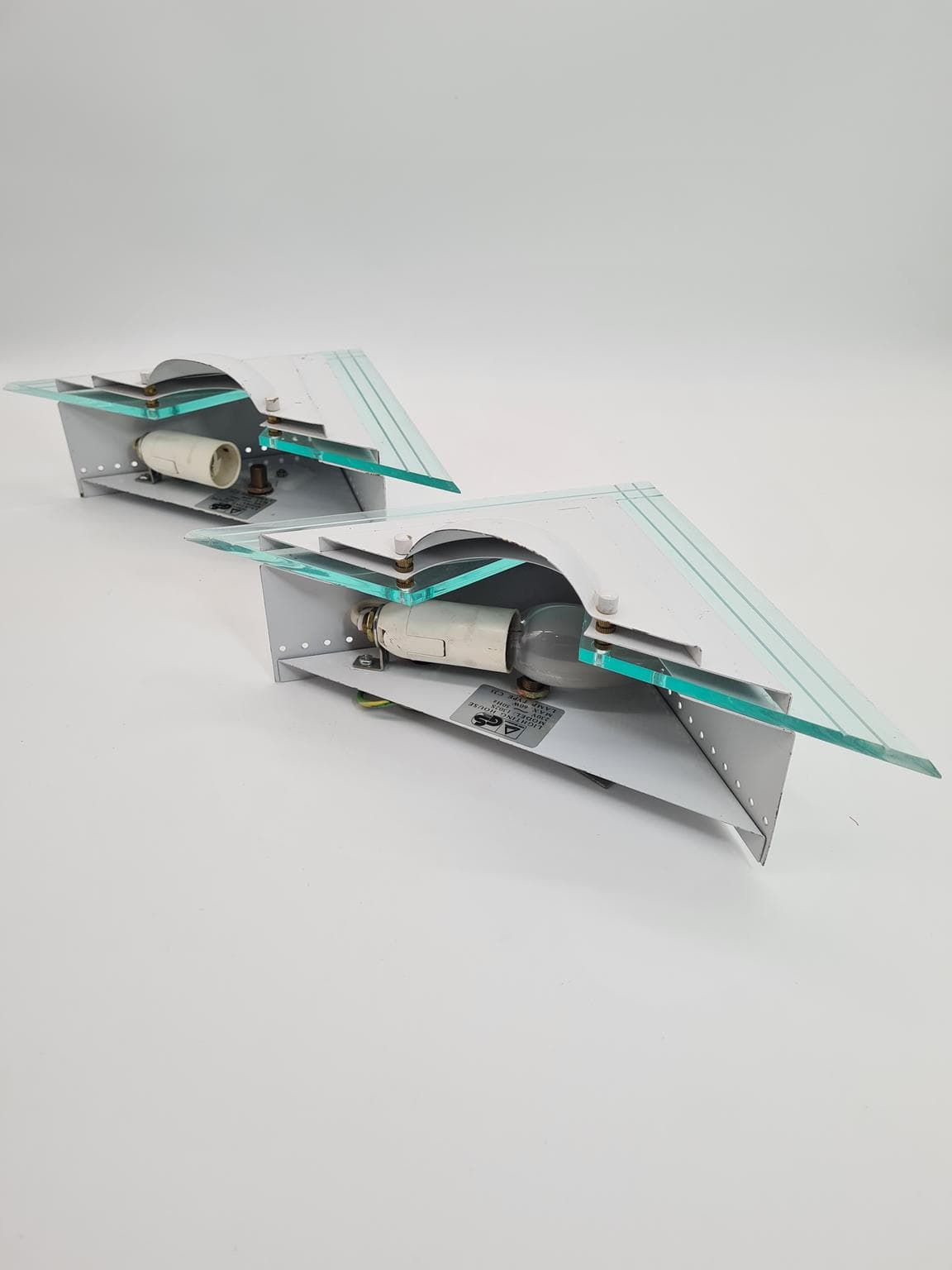 Pair of wall sconces 1302S, Lighting House, white steel, clear acrylic, Germany, 1980s. - 232298