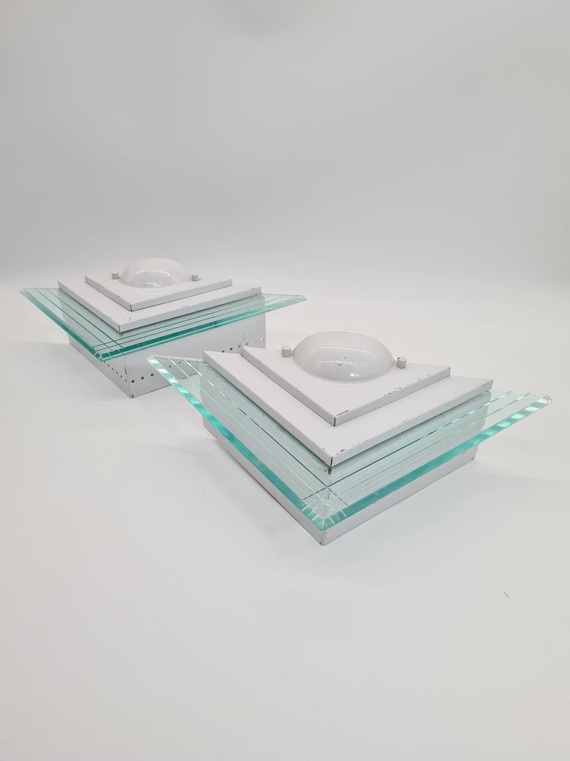 Pair of wall sconces 1302S, Lighting House, white steel, clear acrylic, Germany, 1980s. - 232293