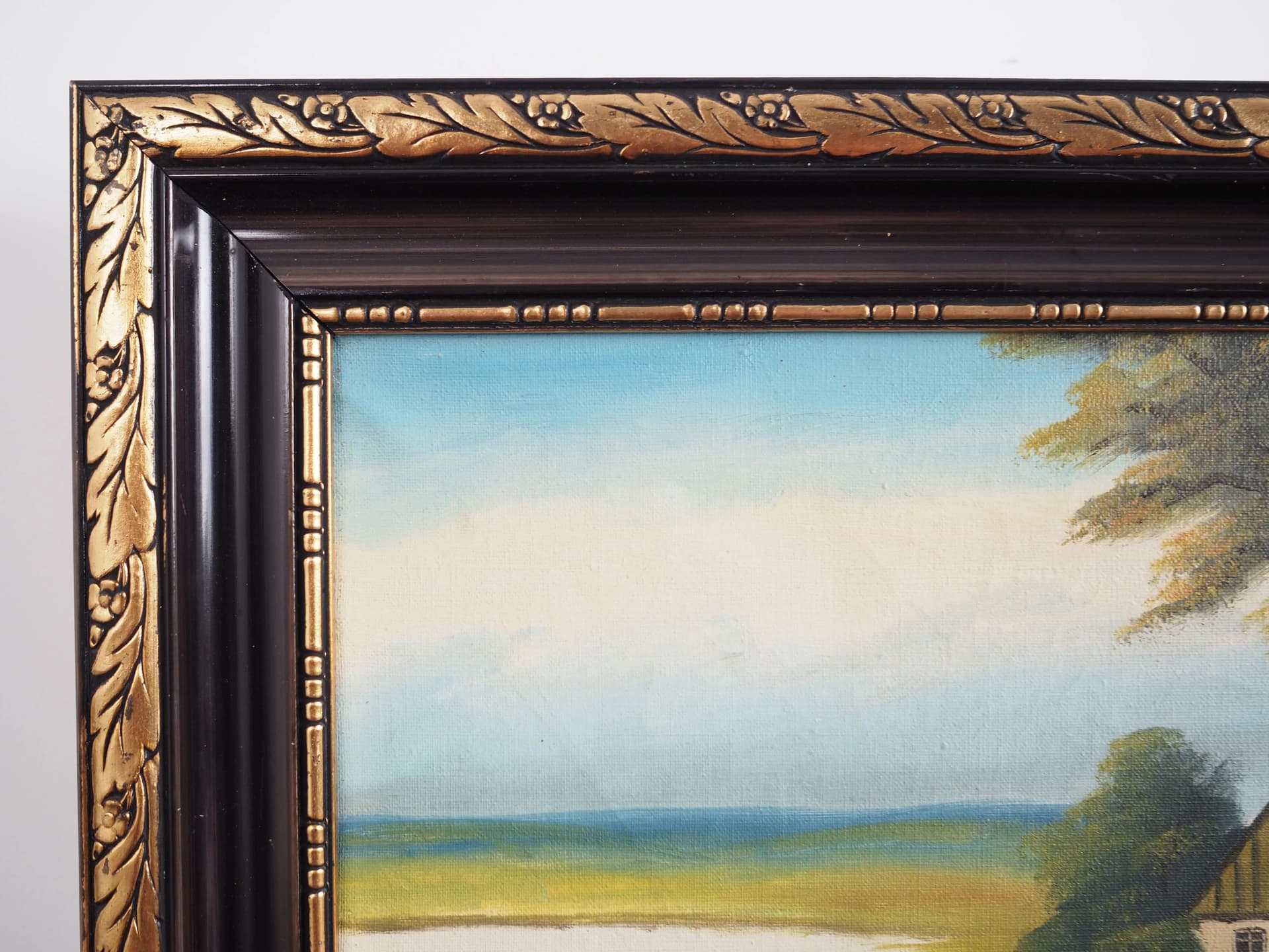 Obraz Droga do domu, olej na płótnie, rama drewno brązowy złoty, aut. V. Kier, Polska, lata 70. - 17483