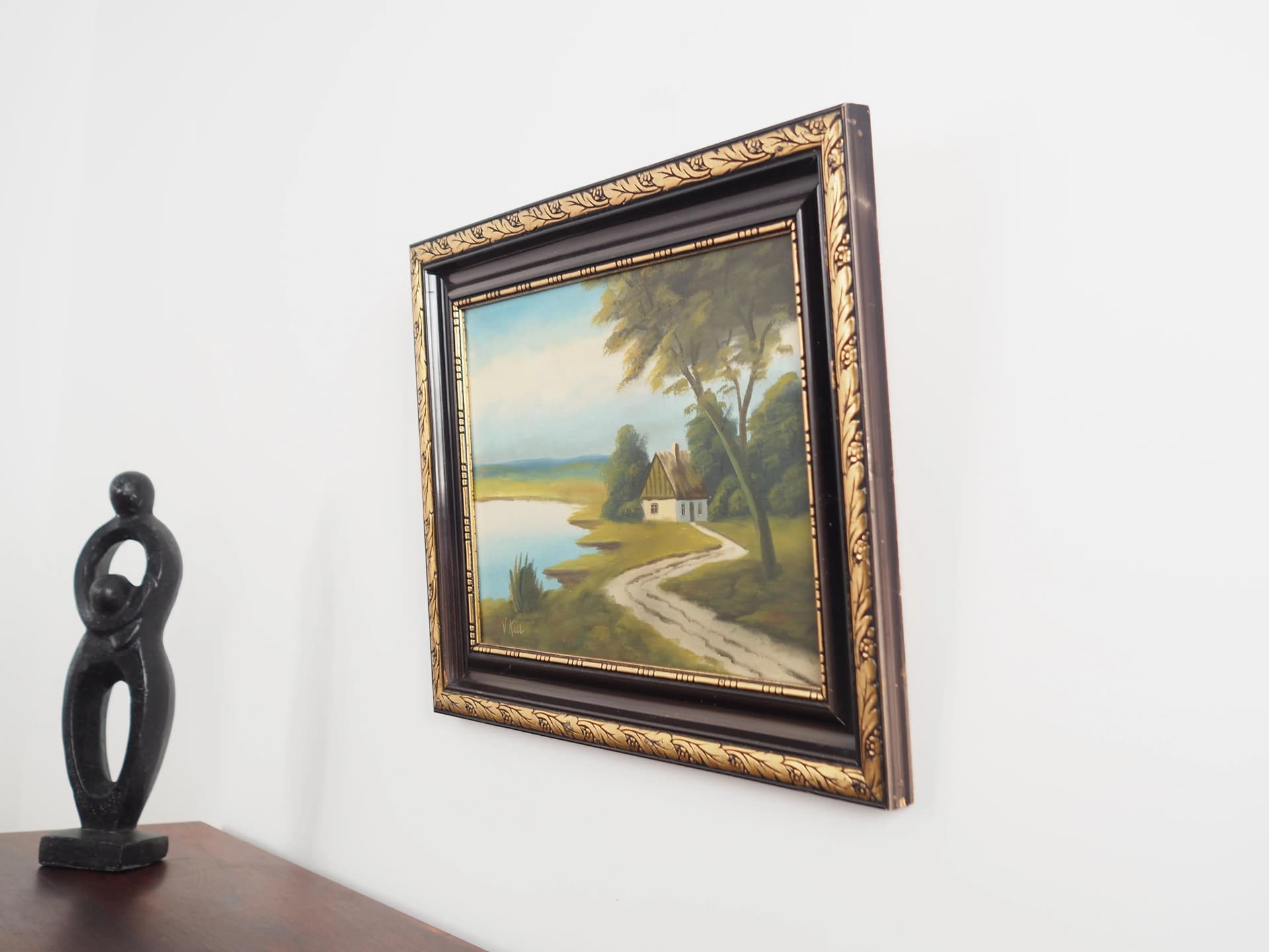 Obraz Droga do domu, olej na płótnie, rama drewno brązowy złoty, aut. V. Kier, Polska, lata 70. - 17477