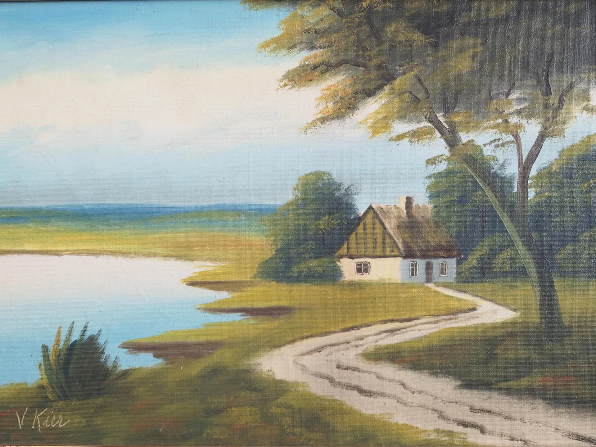 Obraz Droga do domu, olej na płótnie, rama drewno brązowy złoty, aut. V. Kier, Polska, lata 70. - 17481