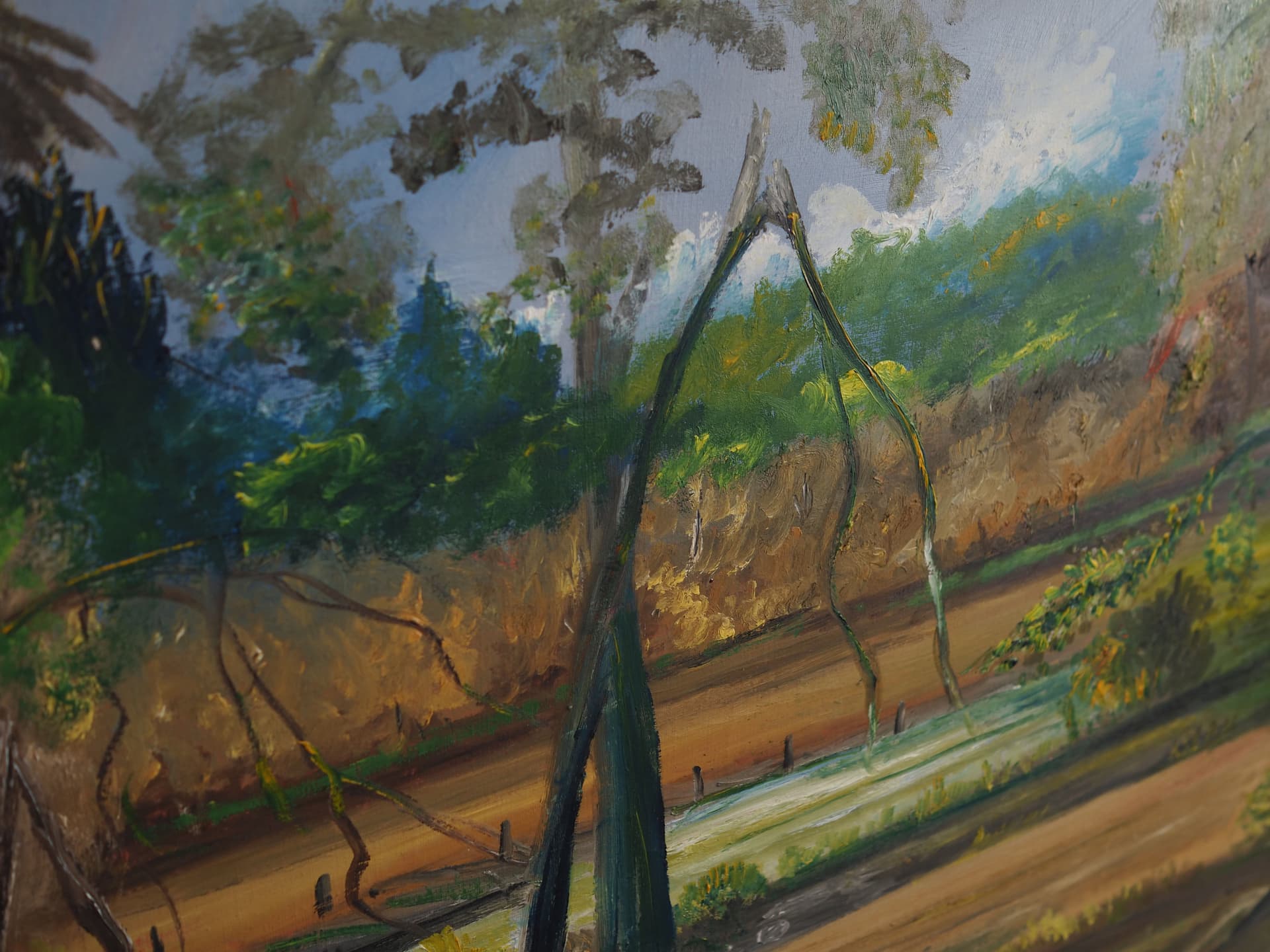 Obraz Złamane drzewo, zielony, olej na płótnie, Polska, lata 70. - 77531