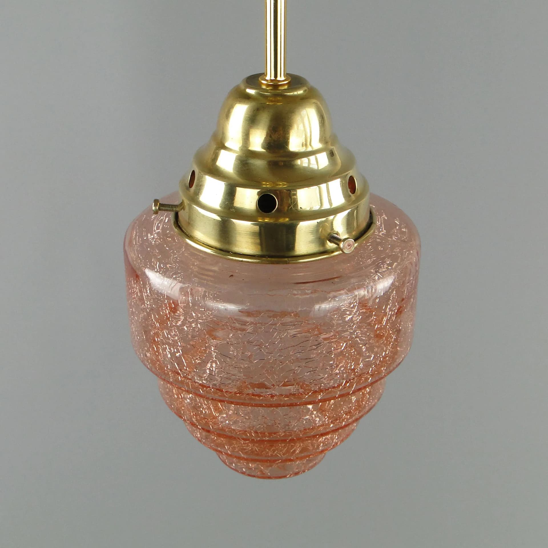 Lampa wisząca Art Deco, szkło różowy, mosiądz, Polska, lata 20. - 17102