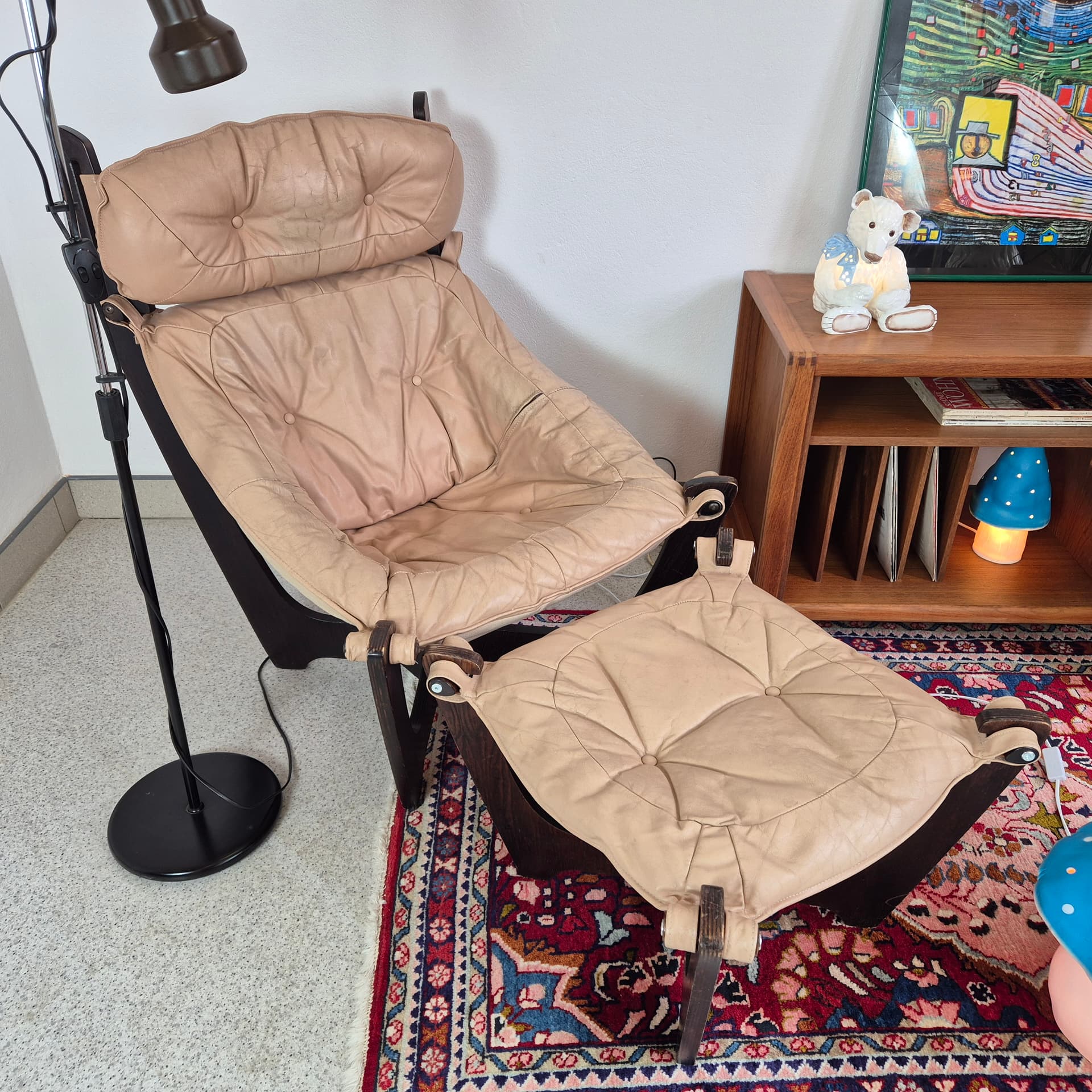Armchair with Ottoman Luna, beige leather, dark wood, by O. Knutsen, Norway, 1960s. - 240066