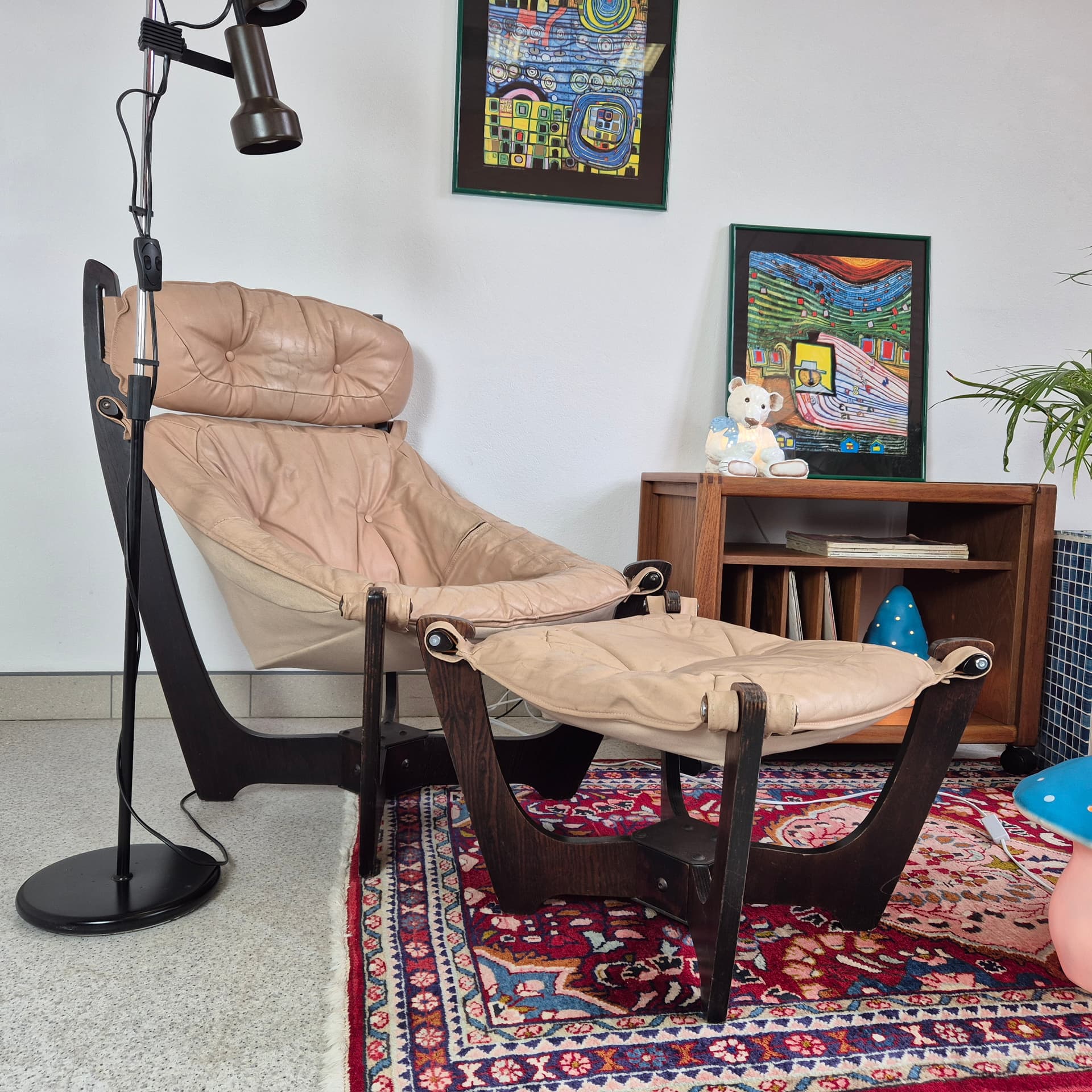 Armchair with Ottoman Luna, beige leather, dark wood, by O. Knutsen, Norway, 1960s. - 240065