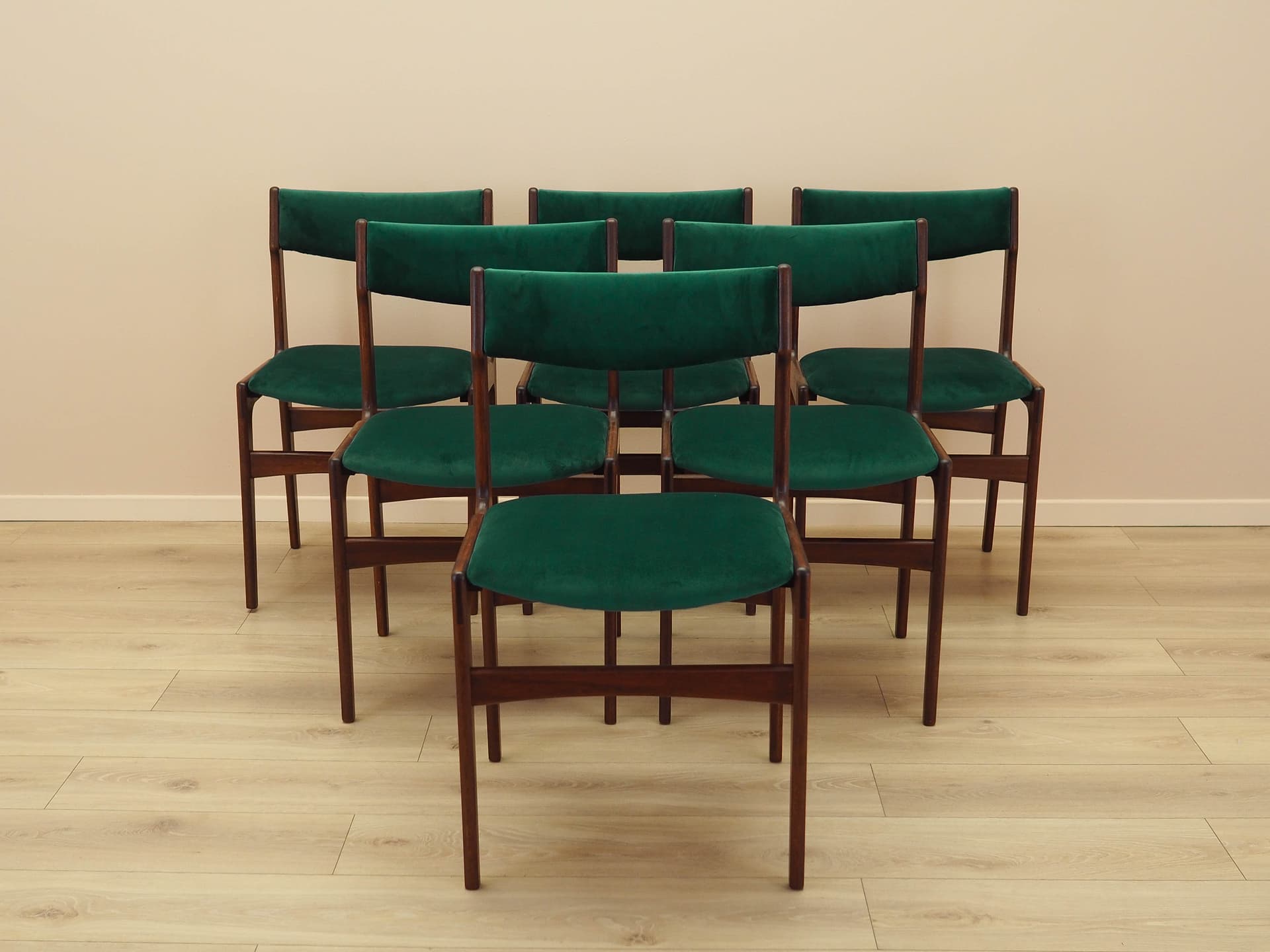 Set of six chairs, teak, green velvet, Denmark, 1970s. - 240463