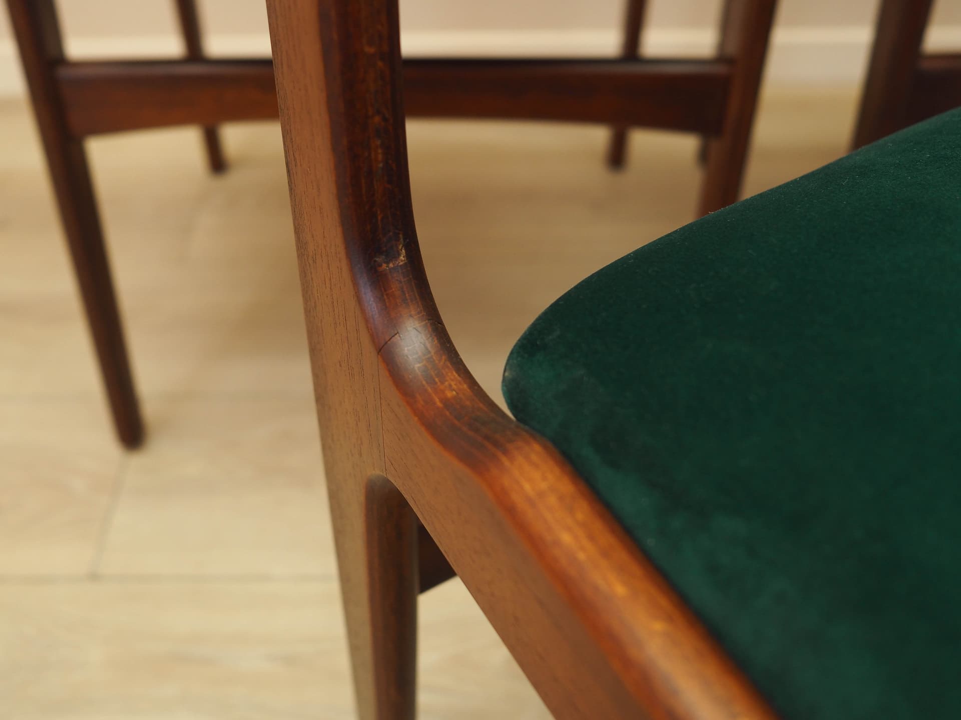 Set of six chairs, teak, green velvet, Denmark, 1970s. - 240464