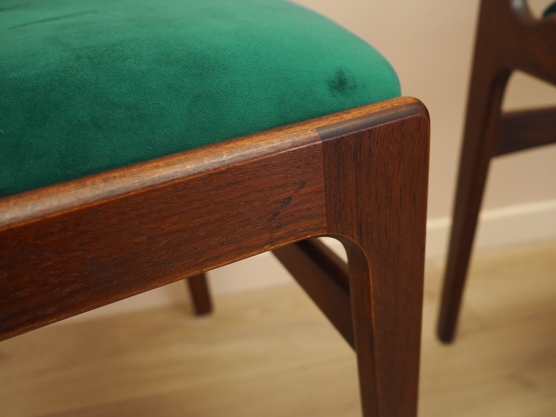 Set of six chairs, teak, green velvet, Denmark, 1970s. - 240471