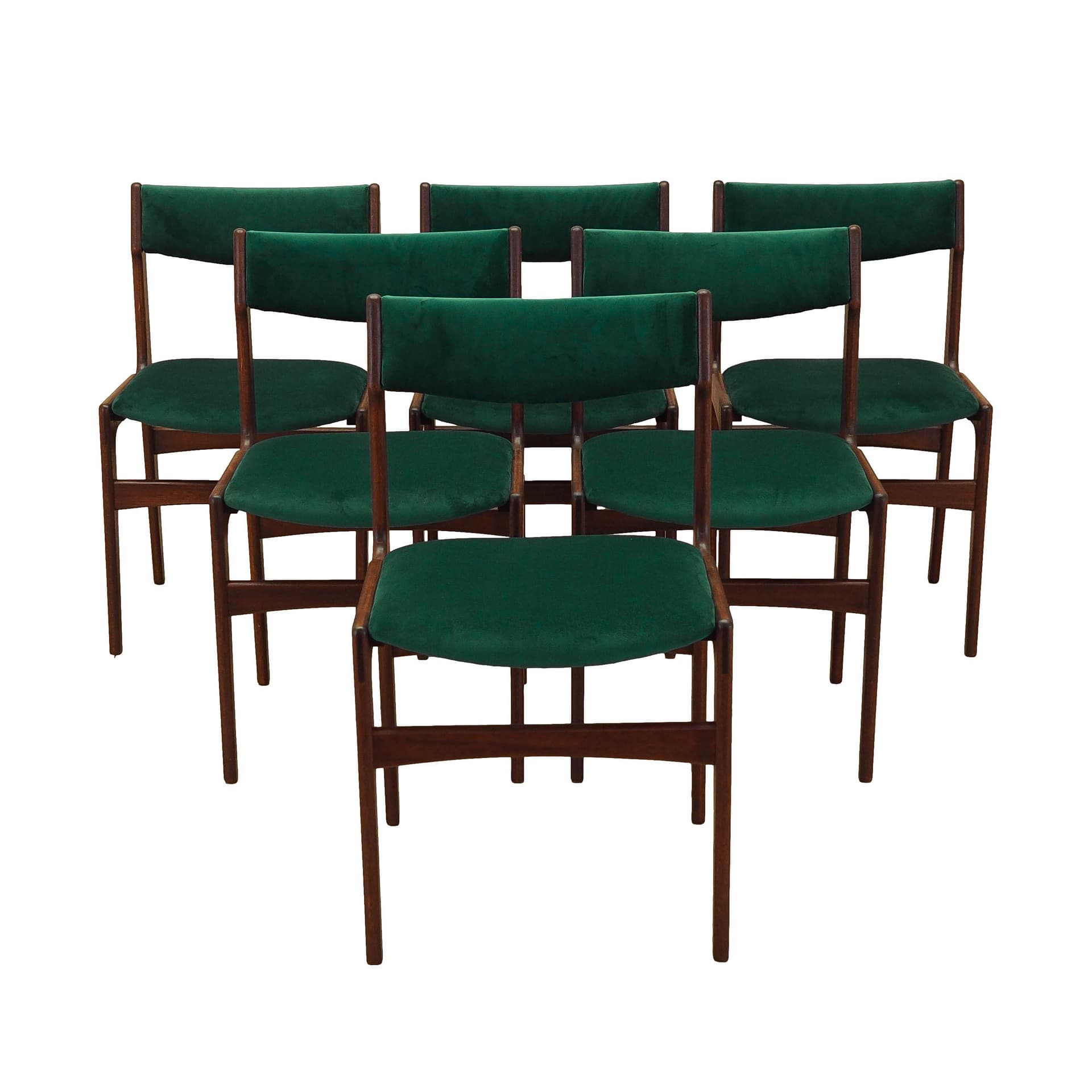 Set of six chairs, teak, green velvet, Denmark, 1970s.