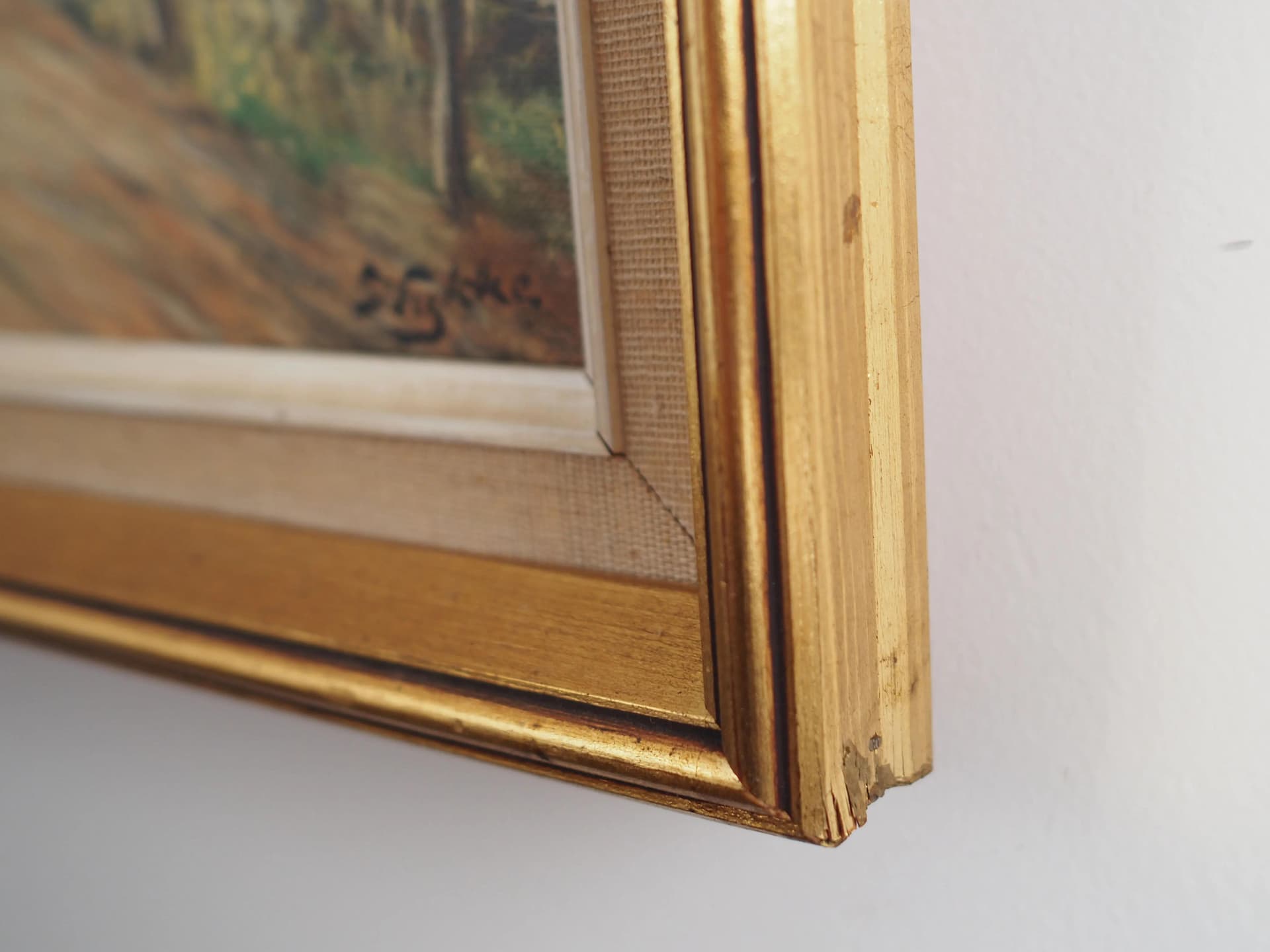 Obraz Gospodarstwo pod wierzbami, skandynawski design, brązowy, olej na płótnie, drewno, Skandynawia, lata 60. - 17234