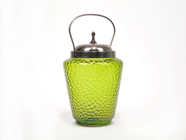 Herbatnica secesyjna, szkło zielone iryzujące, Austria, XIX w. - WYMIARY