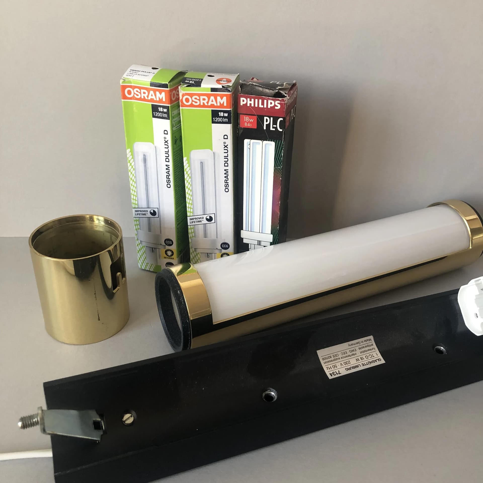 Pair of wall sconces 7134, golden brass, opaline glass, Glashutte Limburg, Germany, 1980s. - 17605