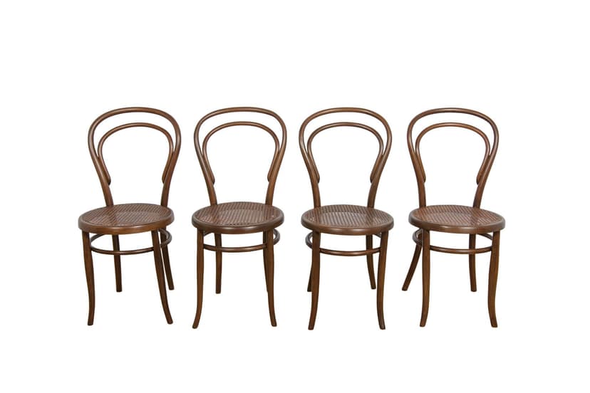Set of Four Chairs No. 14, brown wood, light rattan, by J. Hoffmann, Austria, early 20th c.