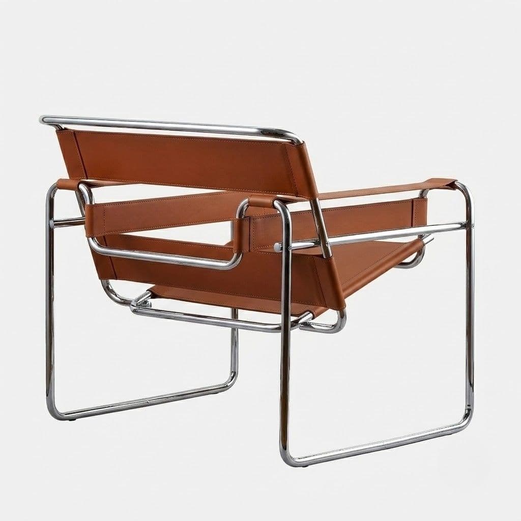 Fotel z giętej stali wg proj. Wassily, M. Breuer, brązowy tobacco, skóra naturalna - 351660