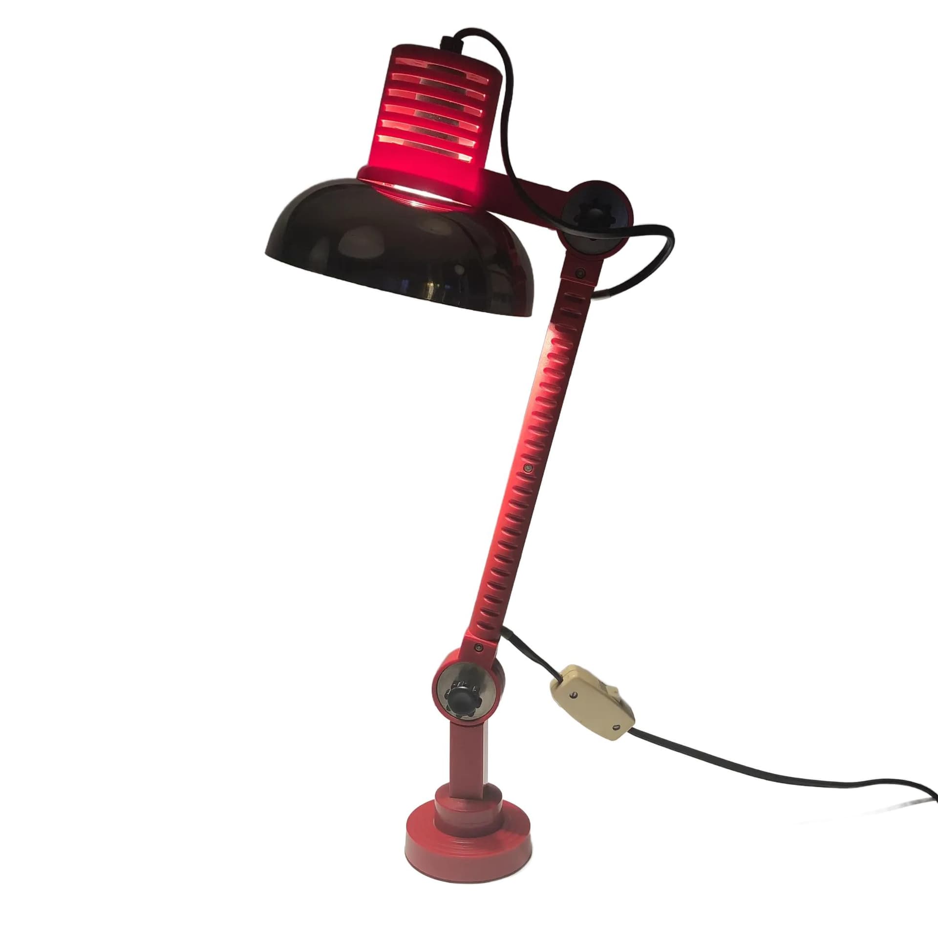 Lampa biurkowa, czerwona, plastik chromowany metal, Polamp, Polska, lata 80.