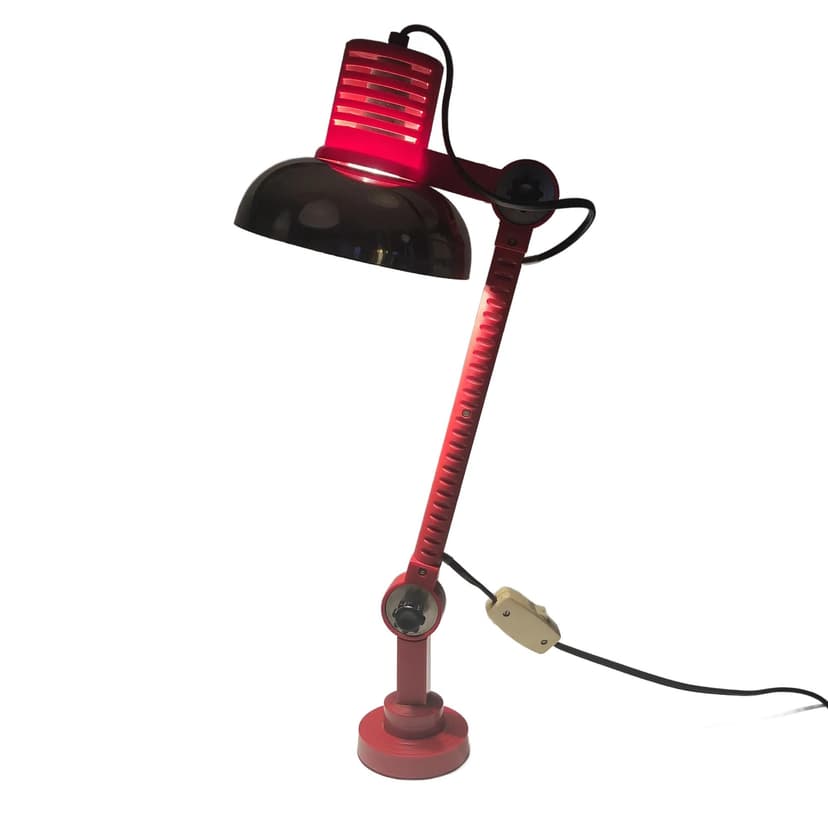 Lampa biurkowa, czerwona, plastik chromowany metal, Polamp, Polska, lata 80.