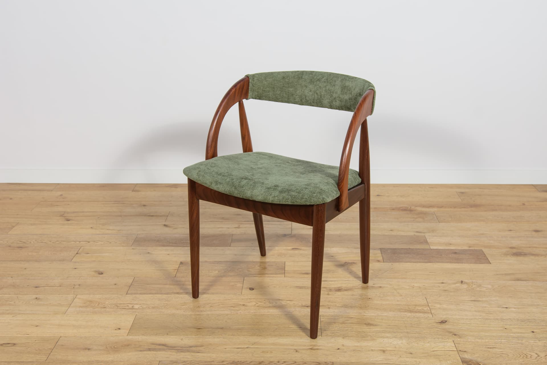Set of six chairs, brown teak, green synthetic fabric, Denmark, 1960s. - 243584