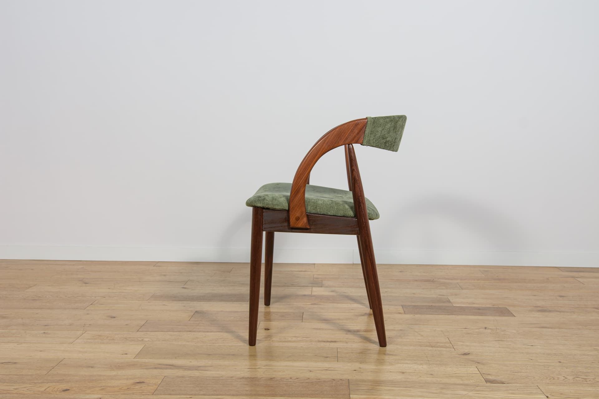 Set of six chairs, brown teak, green synthetic fabric, Denmark, 1960s. - 243585