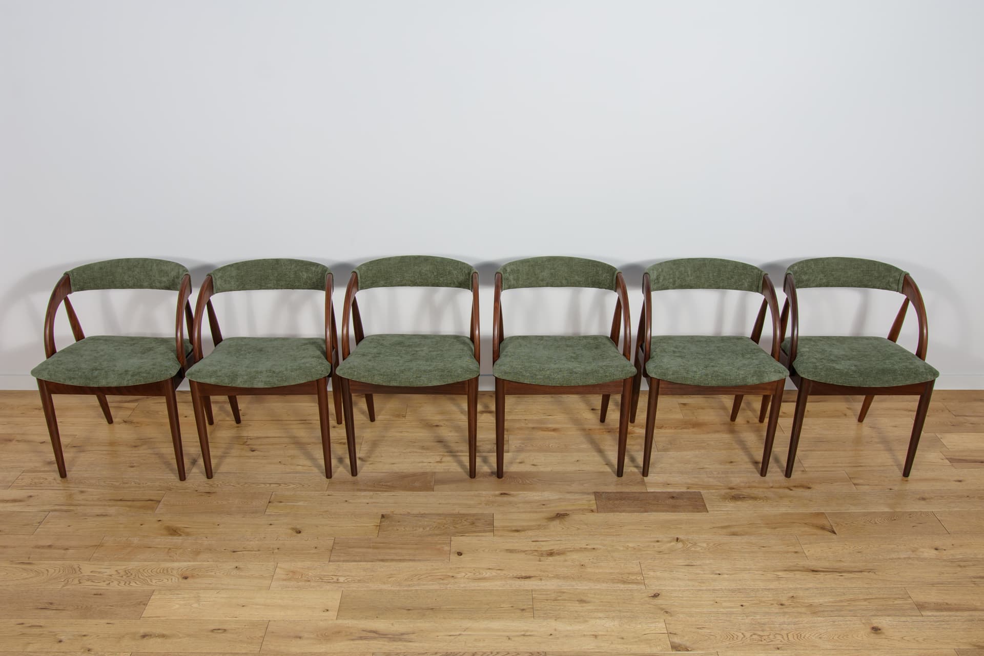 Set of six chairs, brown teak, green synthetic fabric, Denmark, 1960s. - 243581