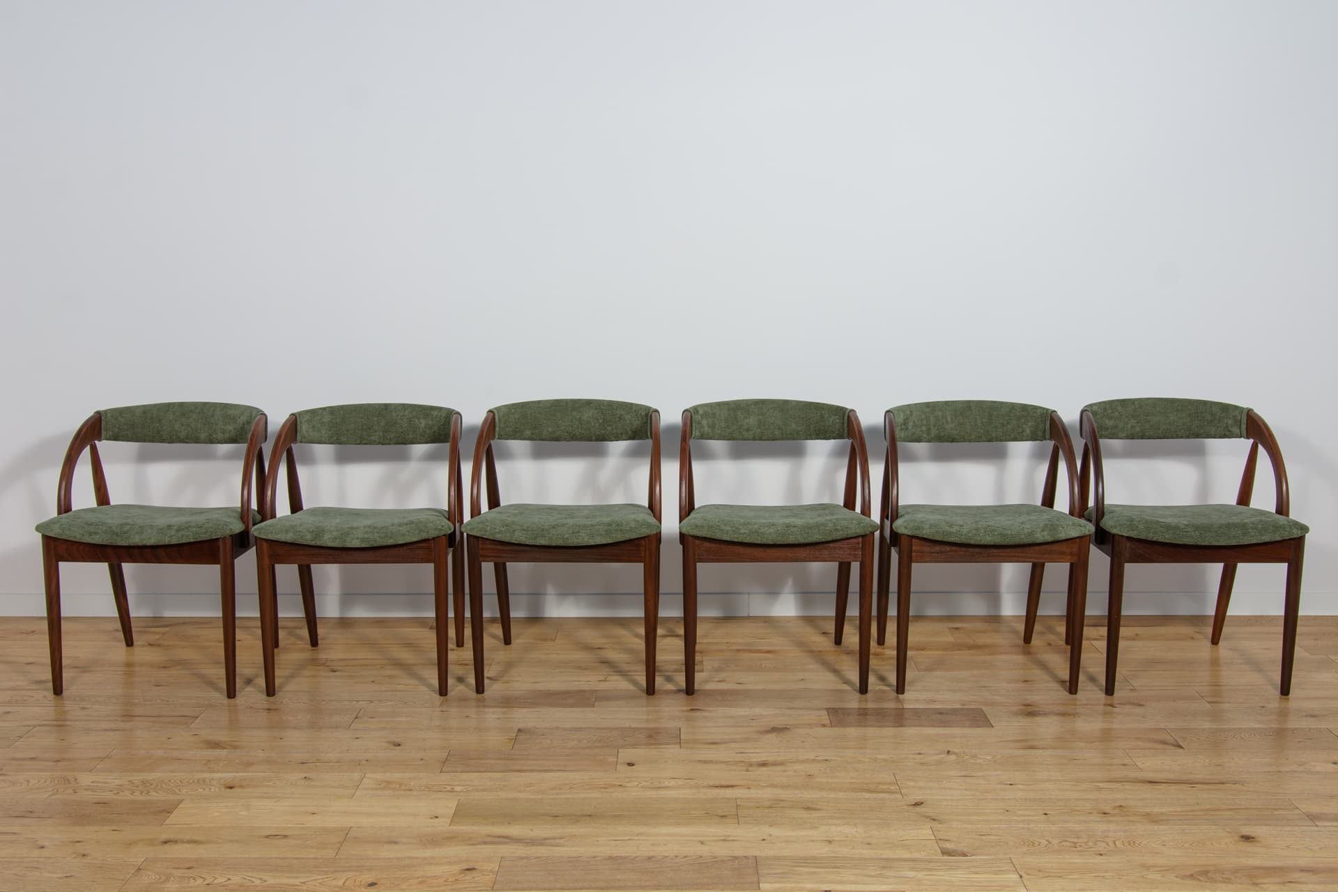 Set of six chairs, brown teak, green synthetic fabric, Denmark, 1960s. - 243580