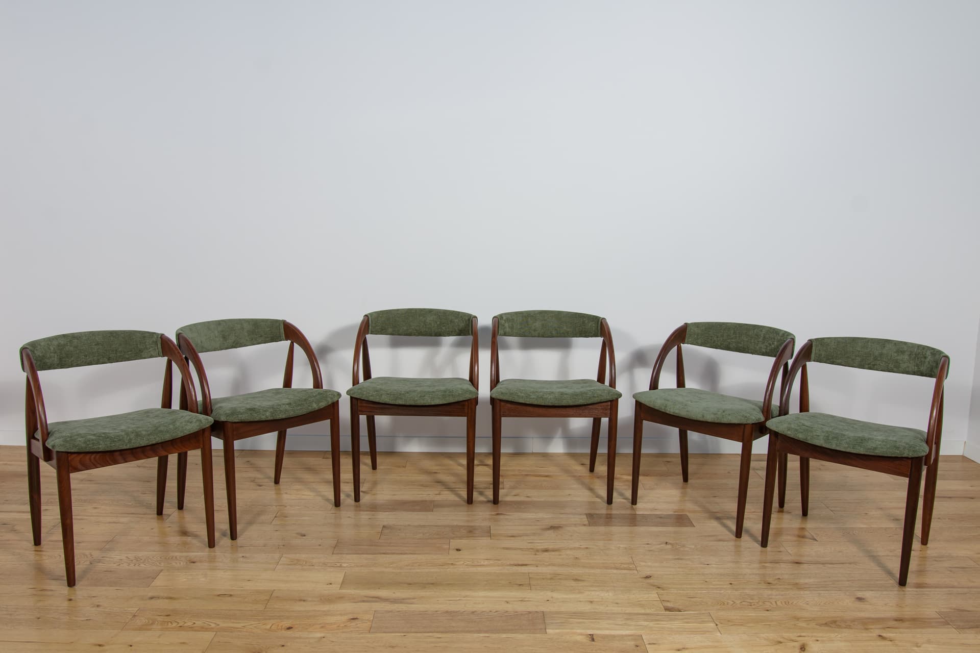 Set of six chairs, brown teak, green synthetic fabric, Denmark, 1960s. - 243579