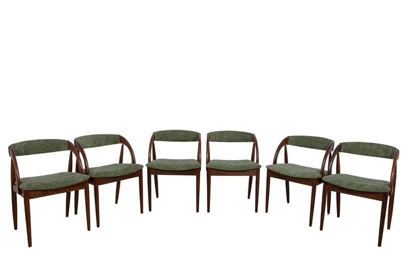 Set of six chairs, brown teak, green synthetic fabric, Denmark, 1960s.