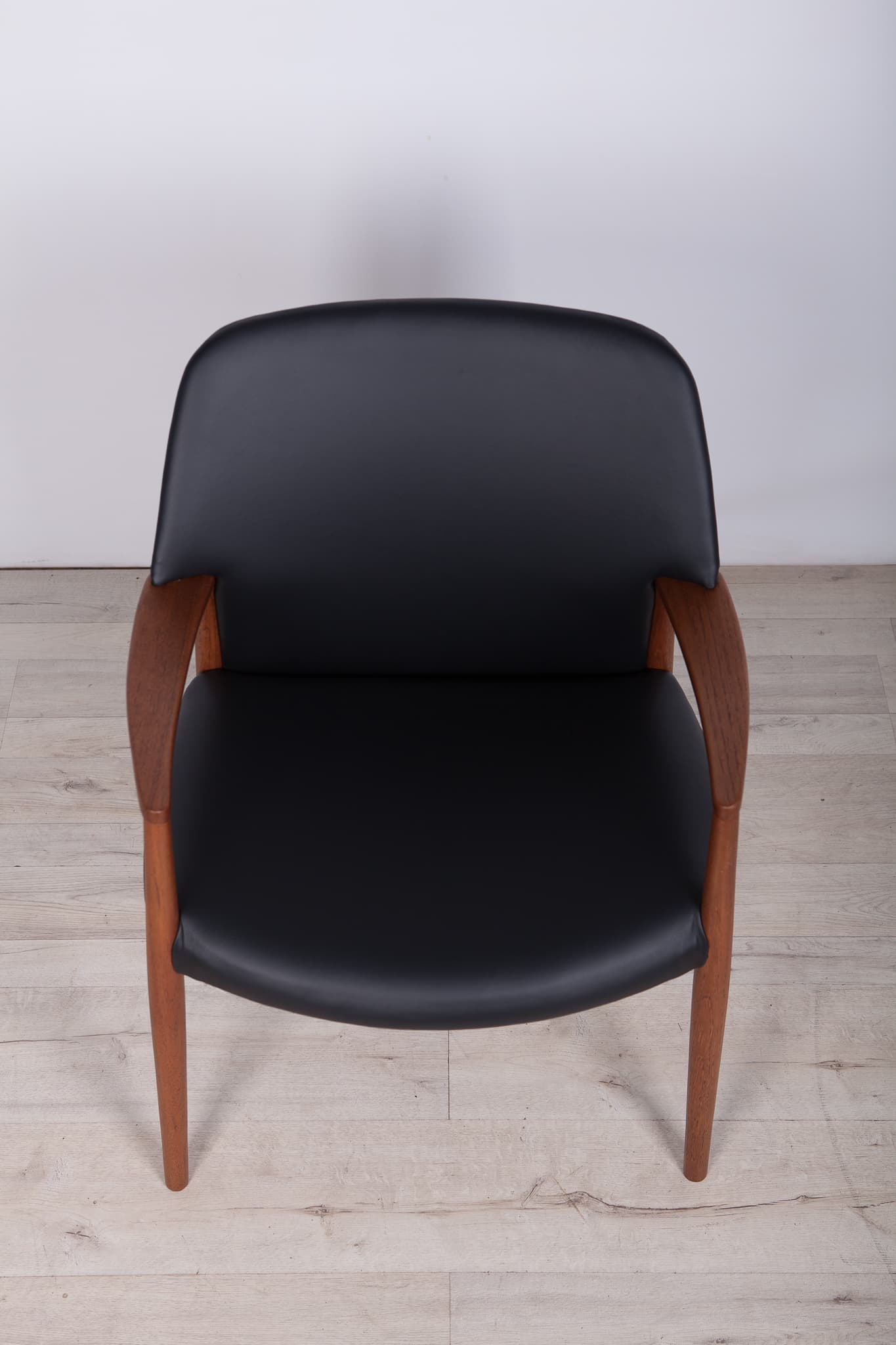 Armchair, teak, black leather, by A. B. Madsen, E. Larsen, Fritz Hansen, Denmark, 1950s. - 243597
