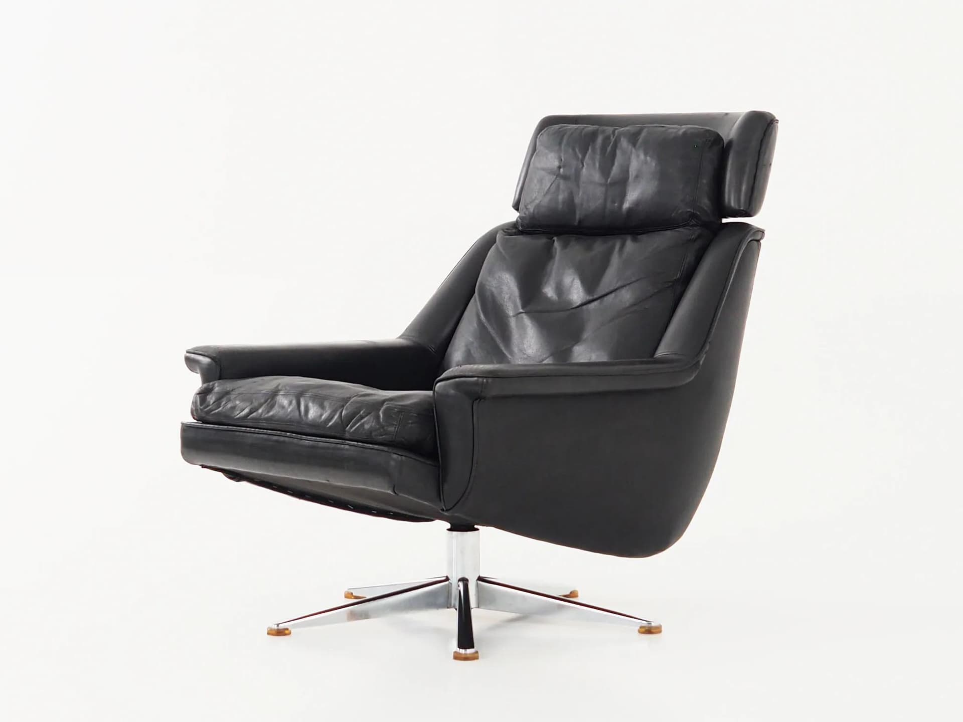 Swivel chair, black leather, chromed steel, by W. Langenfeld, Denmark, 1970s - 17858