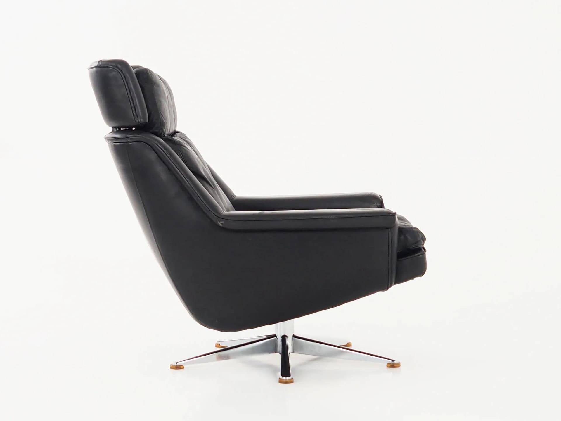 Swivel chair, black leather, chromed steel, by W. Langenfeld, Denmark, 1970s - 17853