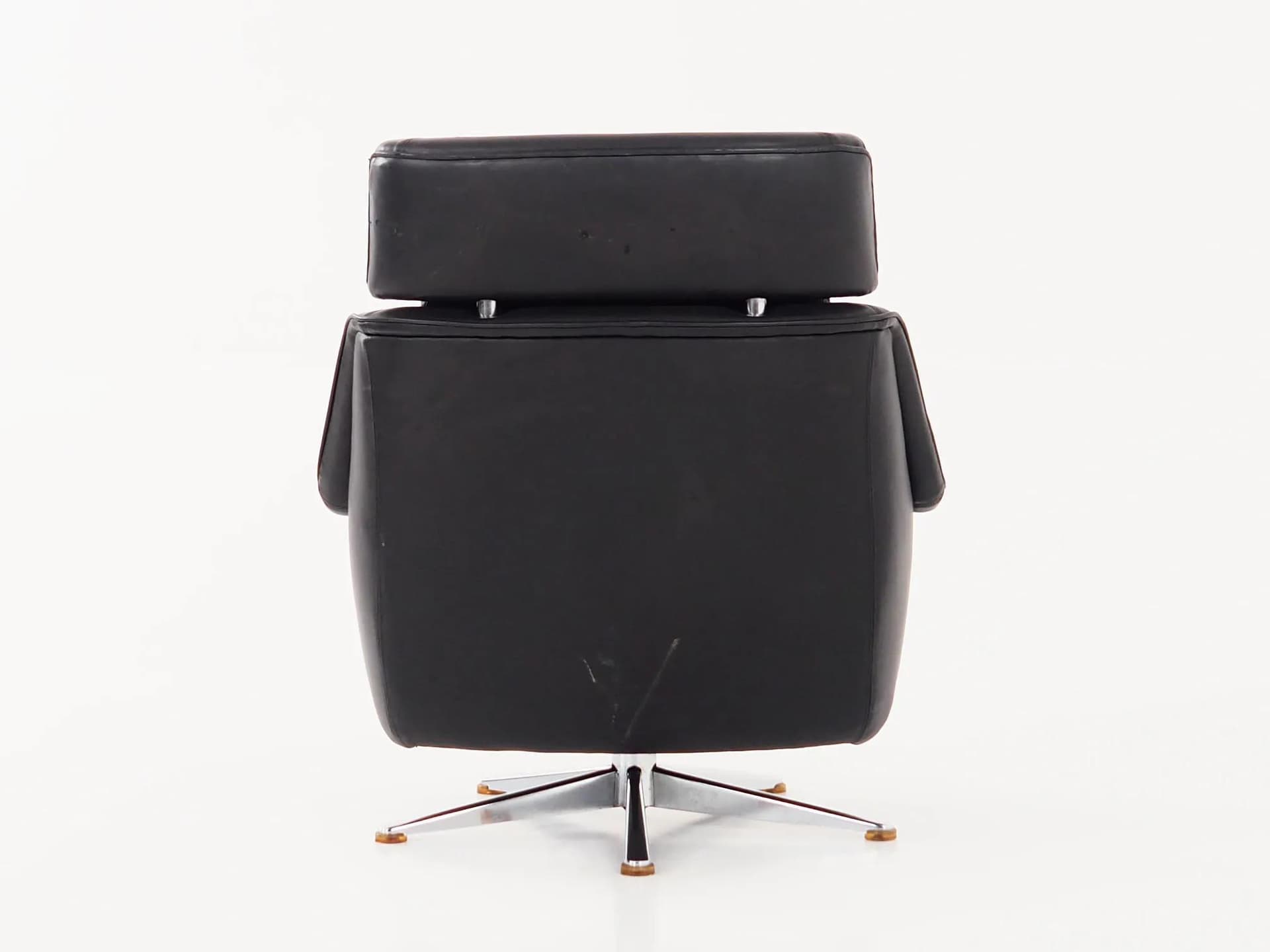 Swivel chair, black leather, chromed steel, by W. Langenfeld, Denmark, 1970s - 17857