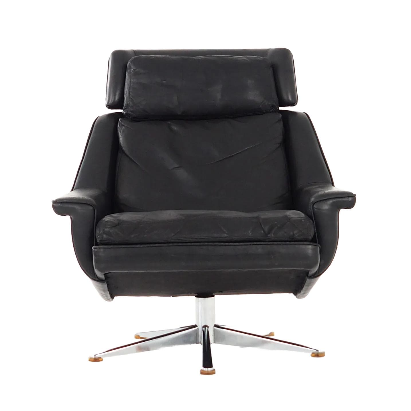 Swivel chair, black leather, chromed steel, by W. Langenfeld, Denmark, 1970s