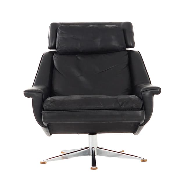 Swivel chair, black leather, chromed steel, by W. Langenfeld, Denmark, 1970s - DIMENSION
