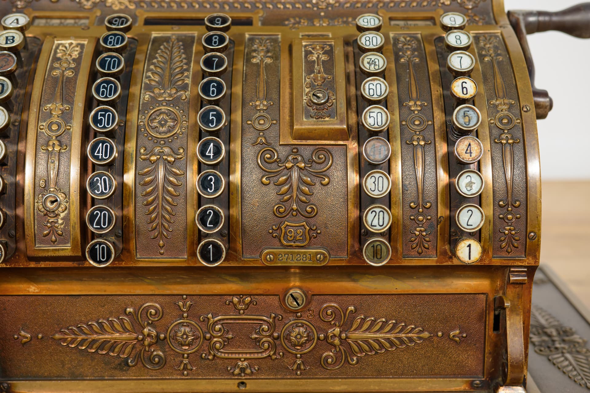 Kasa fiskalna, Art Nouveau, mosiądz złoty, USA, XIX w. - 244188