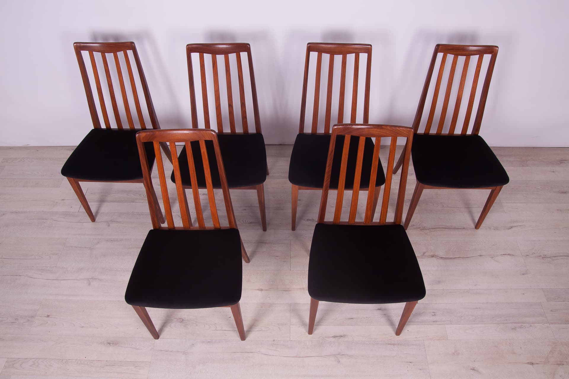 Set of six chairs, black velvet, brown teak, by L. Dandy, G-Plan, United Kingdom, 1960s. - 246754