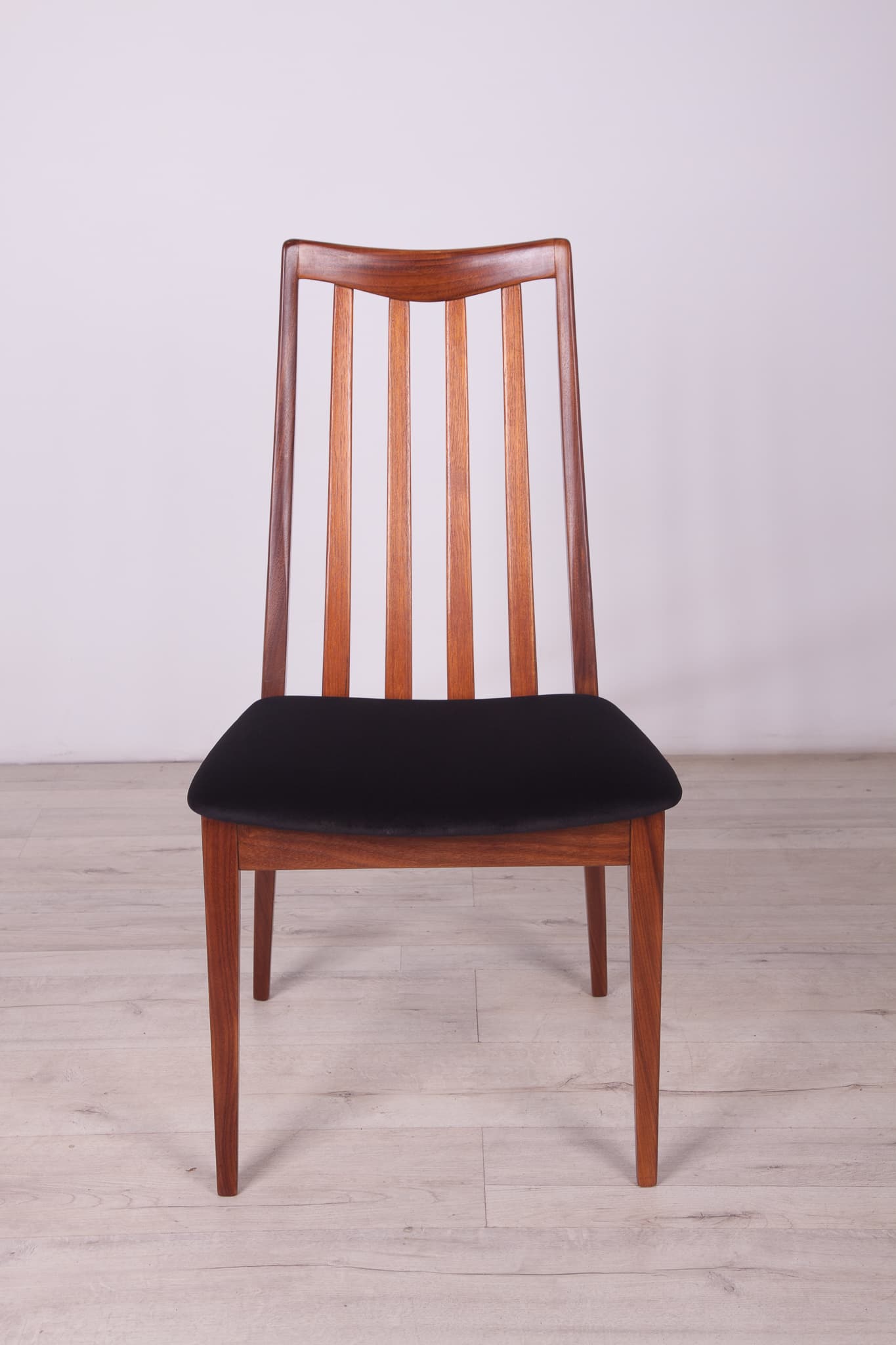 Set of six chairs, black velvet, brown teak, by L. Dandy, G-Plan, United Kingdom, 1960s. - 246756