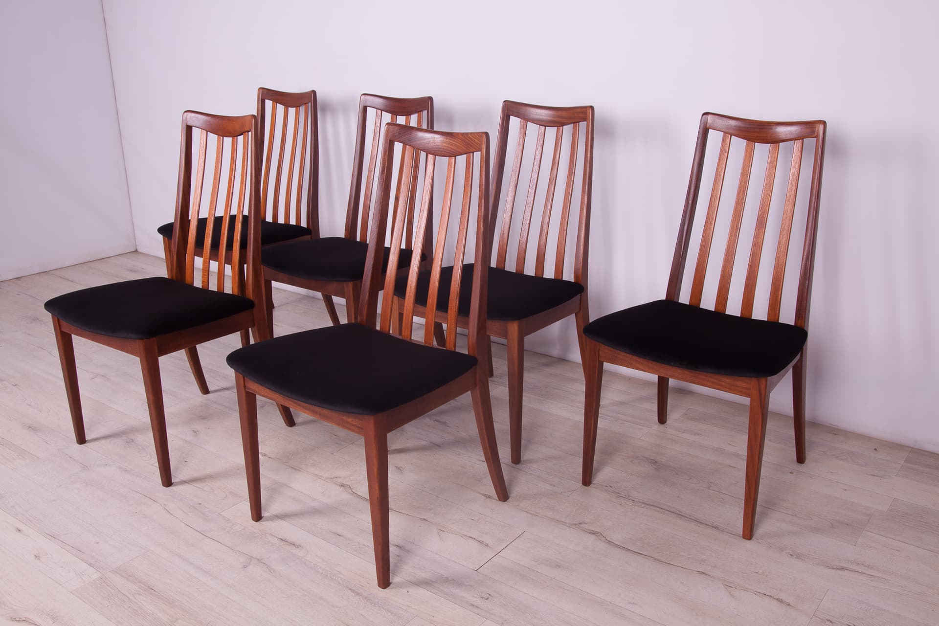 Set of six chairs, black velvet, brown teak, by L. Dandy, G-Plan, United Kingdom, 1960s. - 246755