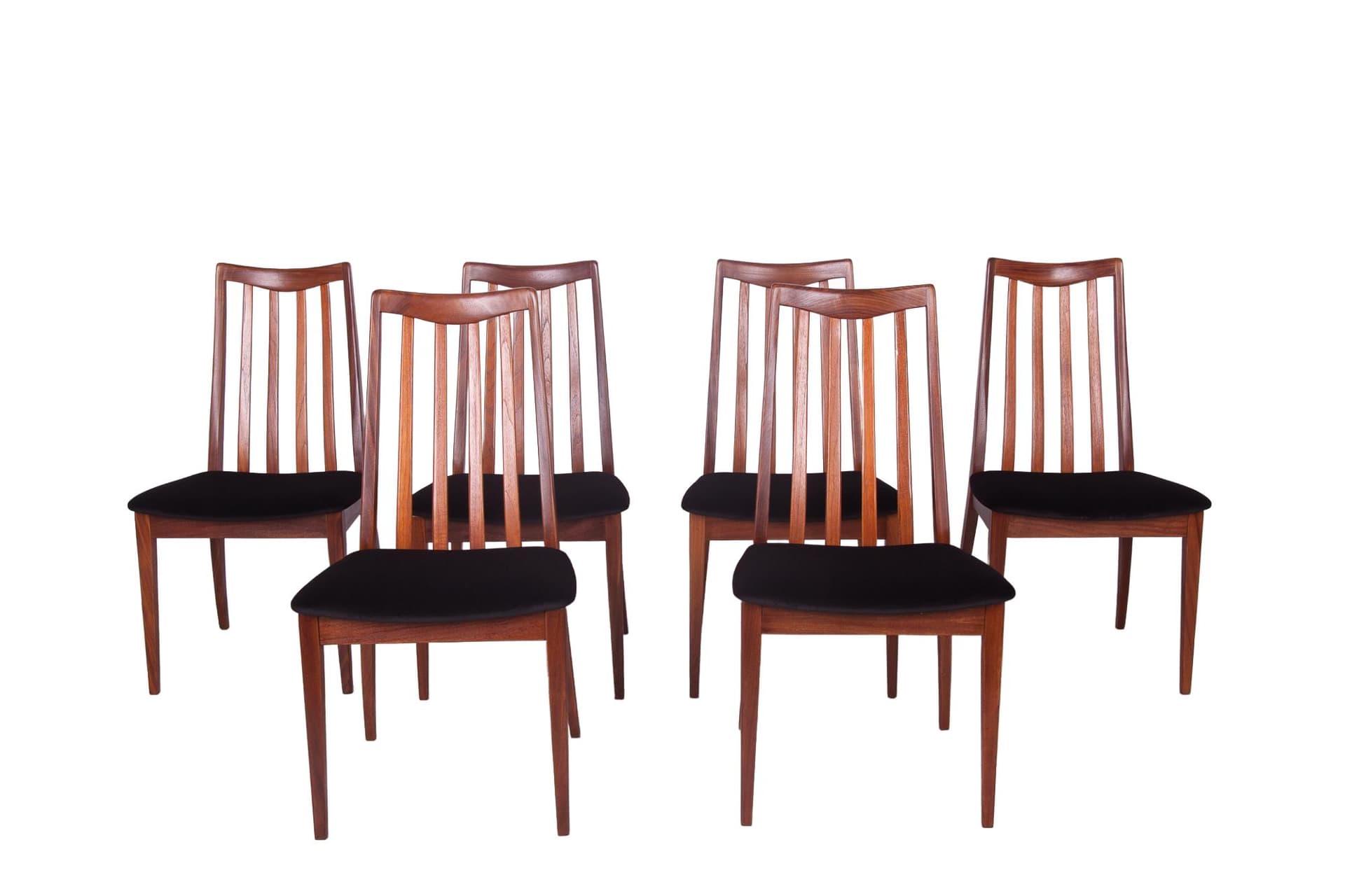 Set of six chairs, black velvet, brown teak, by L. Dandy, G-Plan, United Kingdom, 1960s.