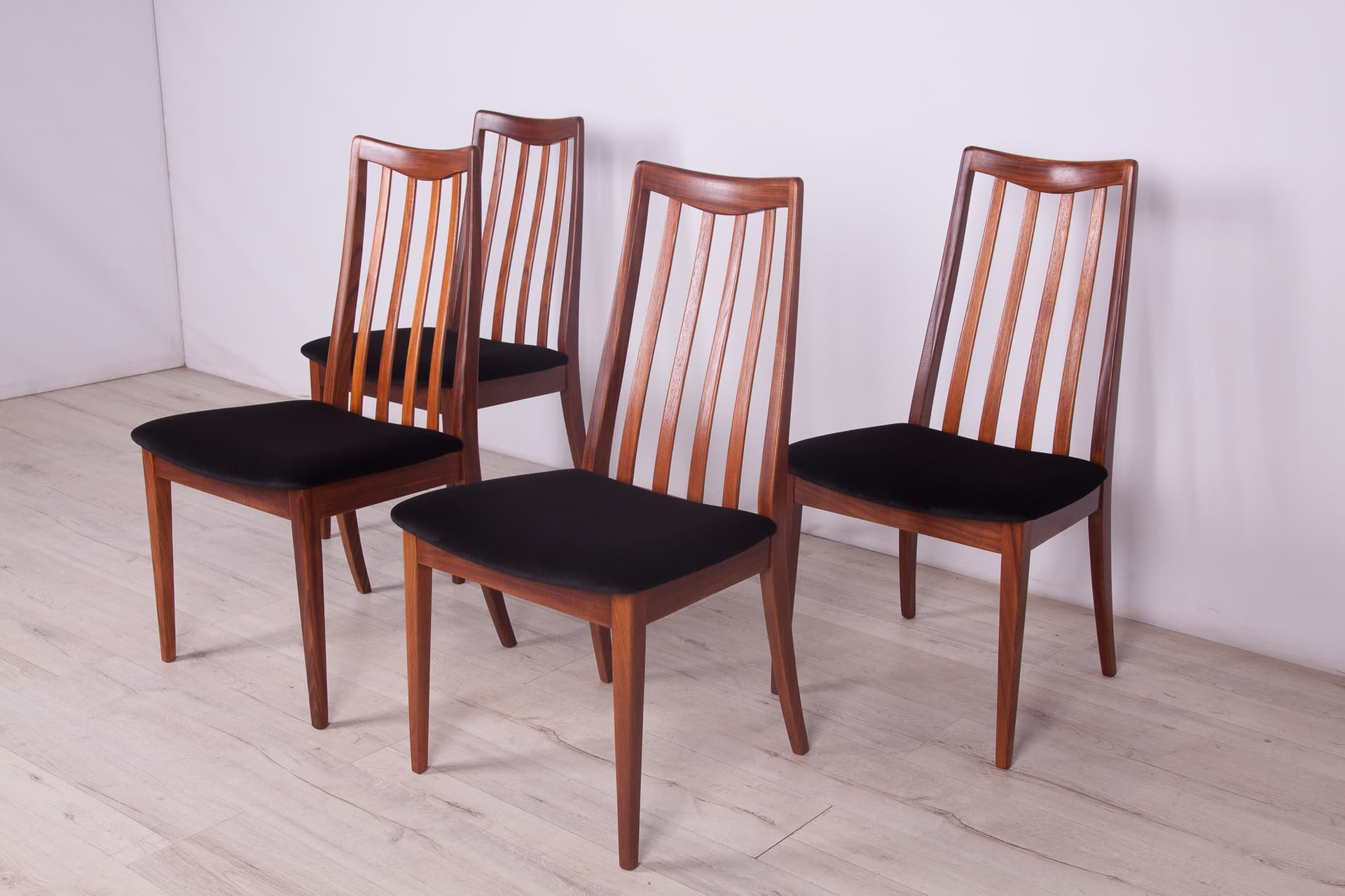 Set of four chairs, black velvet, teak, by L. Dandy, G-Plan, United Kingdom, 1960s. - 246864
