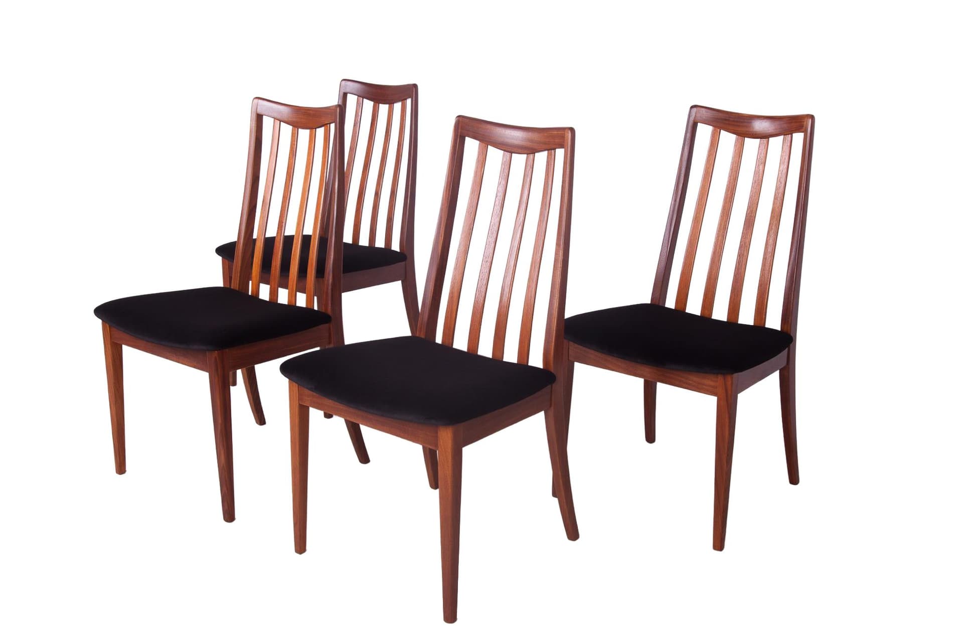 Set of four chairs, black velvet, teak, by L. Dandy, G-Plan, United Kingdom, 1960s.