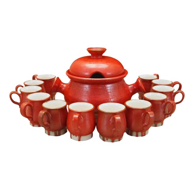 Punch set, red ceramics, Denmark, 1960s - DIMENSION