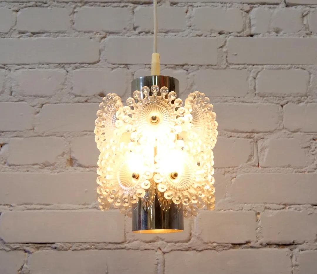 Lampa wisząca Pusteblume, srebrny chrom, pleksiglas transparentny, Solken Leuchten, Niemcy, lata 70. - 18501