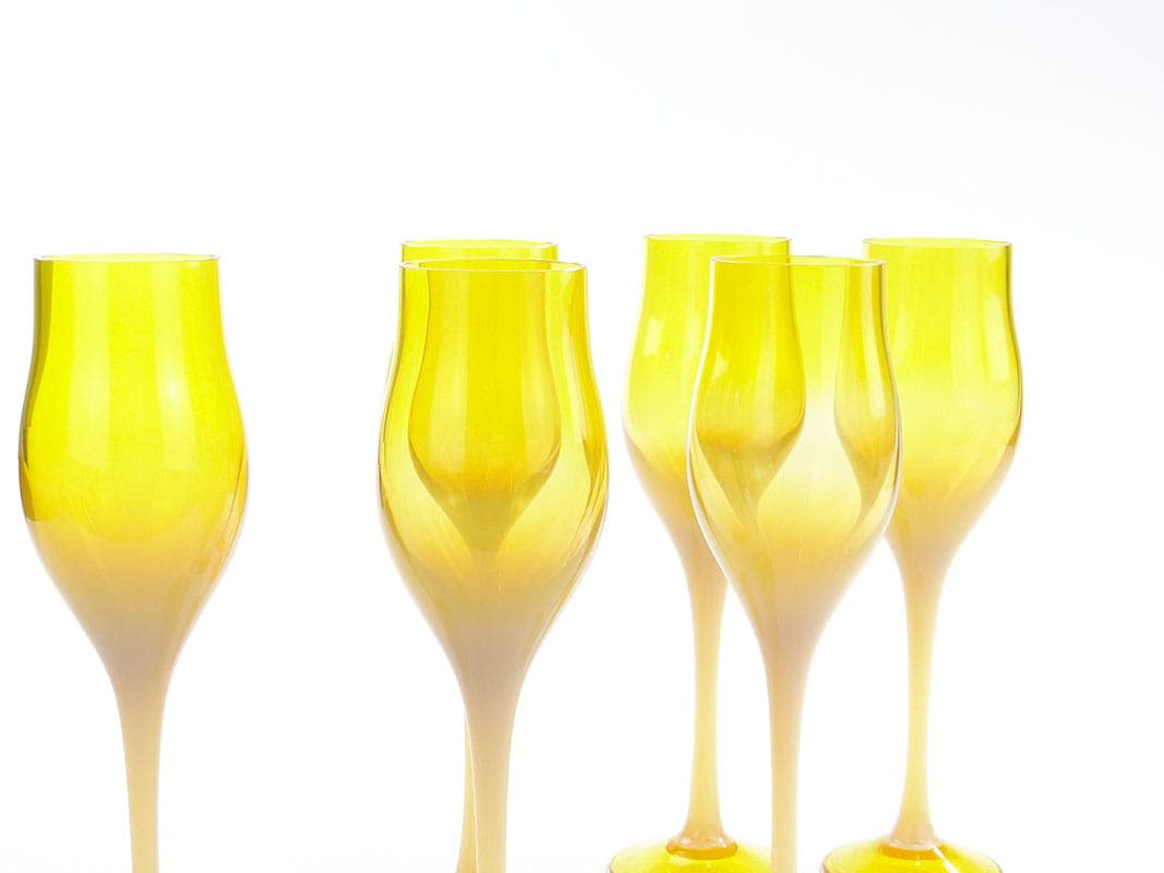 Komplet kieliszków do wina, szkło sodowe żółty, proj. Z. Horbowy, Huta Szkła Artystycznego 'Barbara', Polska, lata 70. - 253340