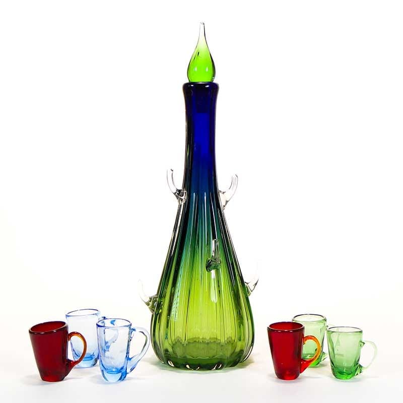 Zestaw likierowy Kaktus, szkło wielobarwne, proj. T. Gott, Blenko, USA, lata 90. - 253369