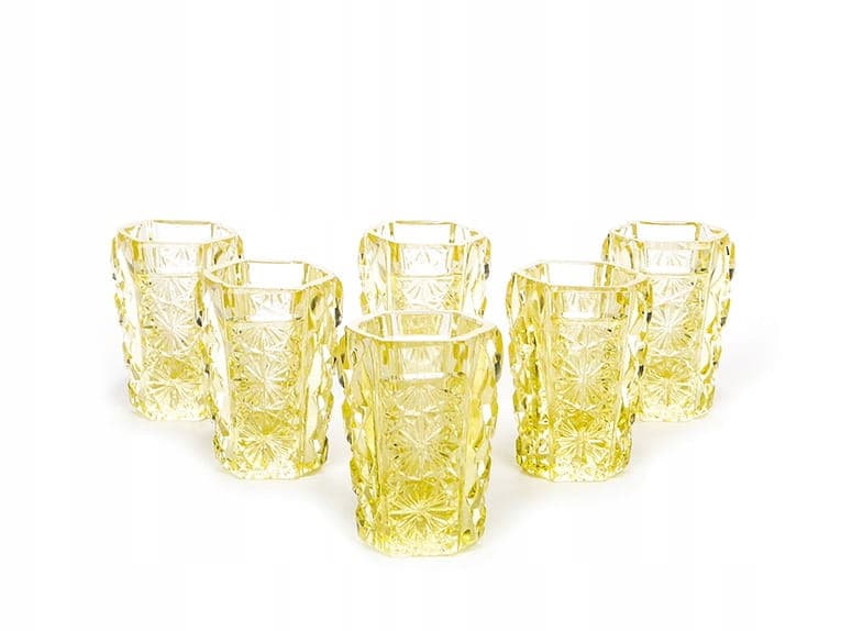 Set of Six Art Deco Shot Glasses, yellow crystal glass, Czechoslovakia, 1940s.