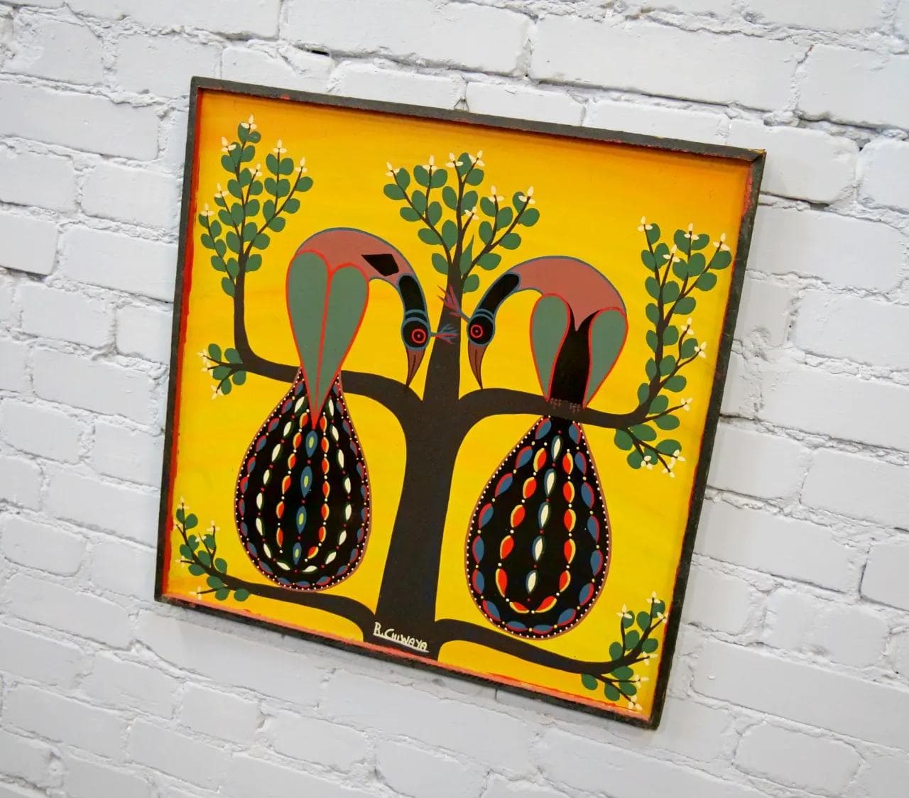 Obraz Dwa pawie, szkoła Tingatinga, multikolor, olej na płycie, art. R. Chiwaya, Tanzania, lata 70. - 18444