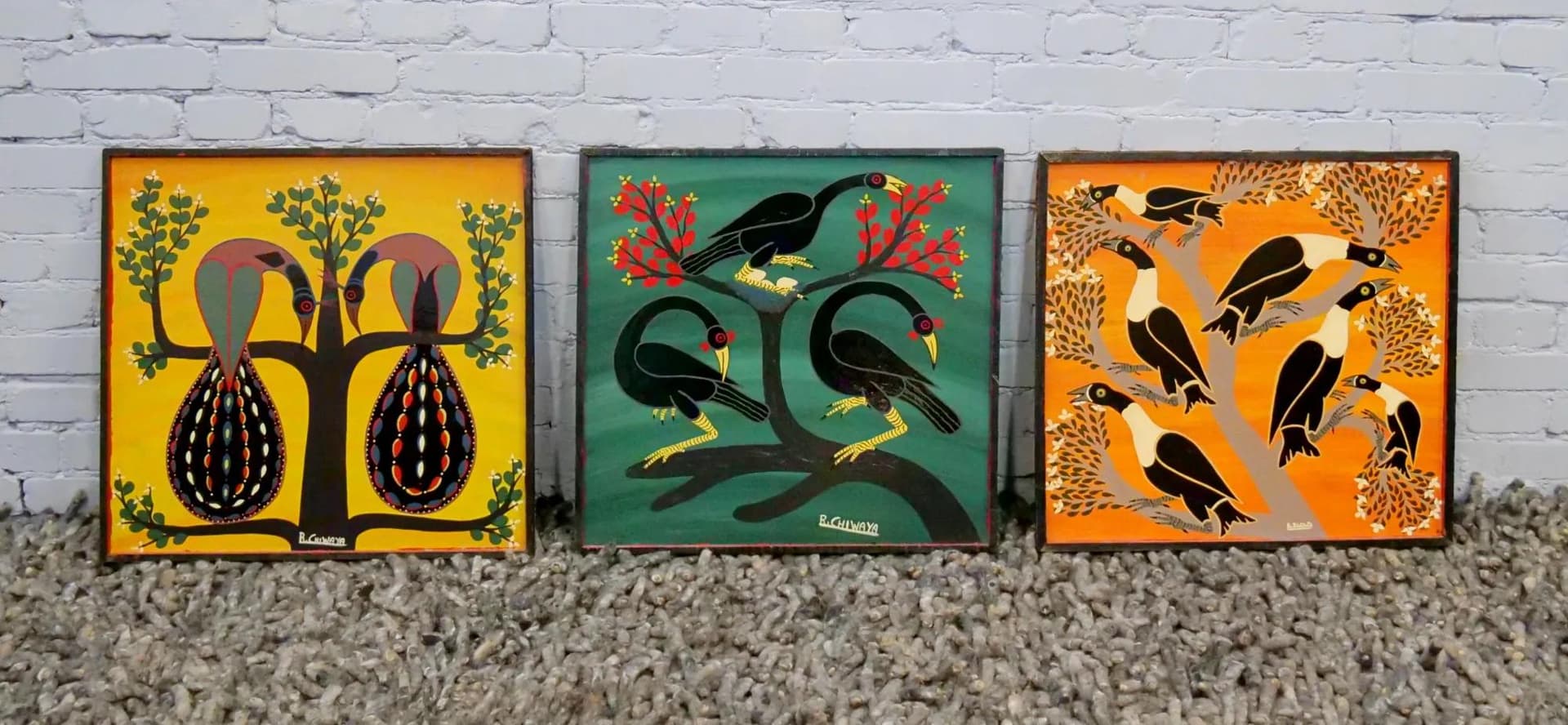 Obraz Dwa pawie, szkoła Tingatinga, multikolor, olej na płycie, art. R. Chiwaya, Tanzania, lata 70. - 18442