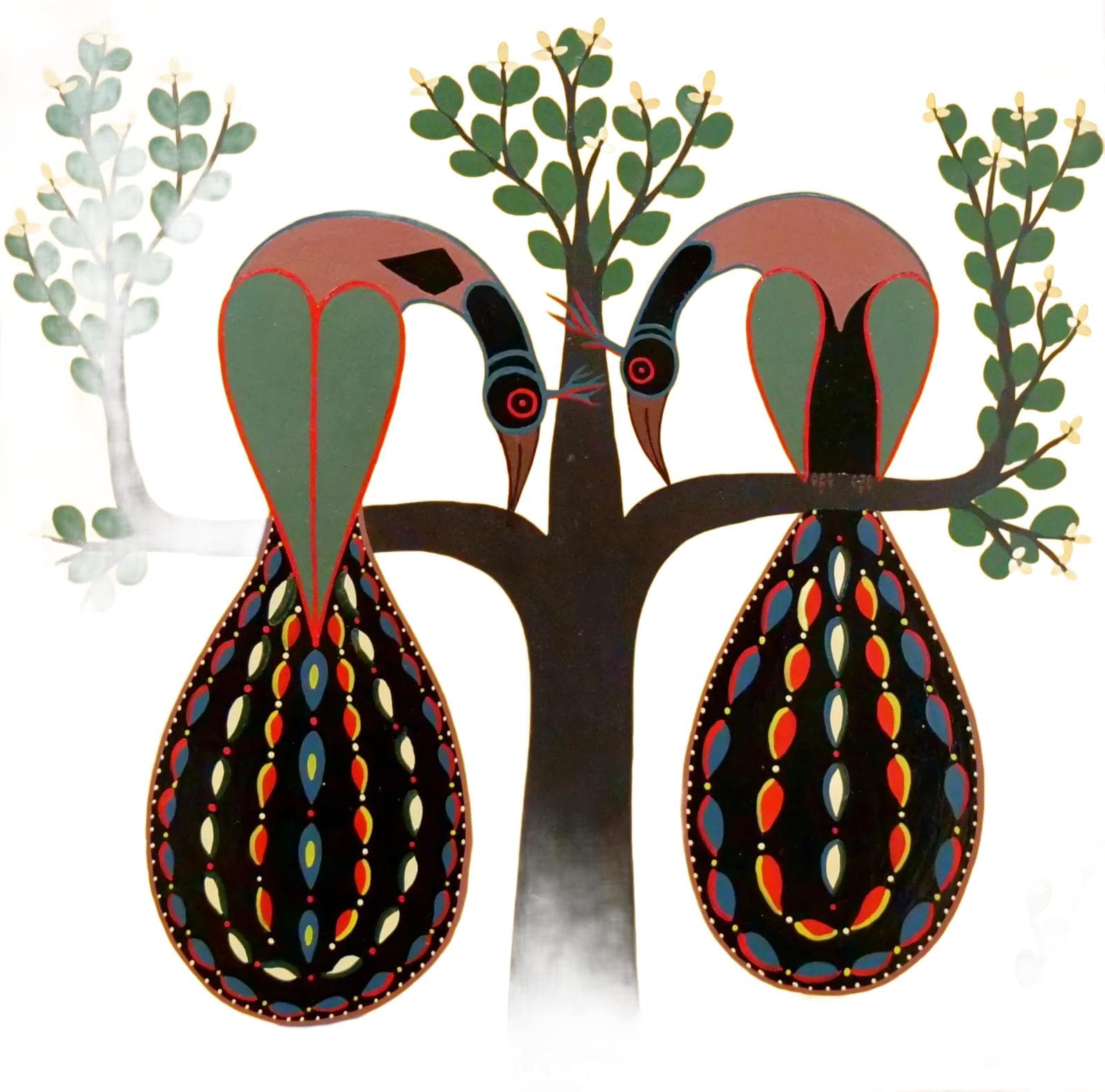 Obraz Dwa pawie, szkoła Tingatinga, multikolor, olej na płycie, art. R. Chiwaya, Tanzania, lata 70. - 18439